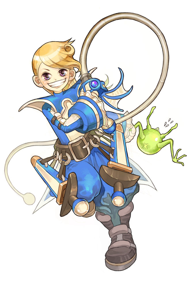 asgard, bandit, nexon, artist request, official art, second-party source, 1girl, ankle boots, baggy pants, bandit (asgard), belt, blonde hair, blue pants, blue shirt, blue sleeves, boots, brown belt, brown boots, clenched hand, collar, creature, dot nose, frilled sleeves, frills, grin, holding, holding whip, impasto, long hair, long sleeves, pants, purple eyes, running, sheath, sheathed, shirt, sleeve cuffs, smile, solo, sweatdrop, swept bangs, sword, teeth, two-tone shirt, two-tone sleeves, weapon, white shirt, white sleeves