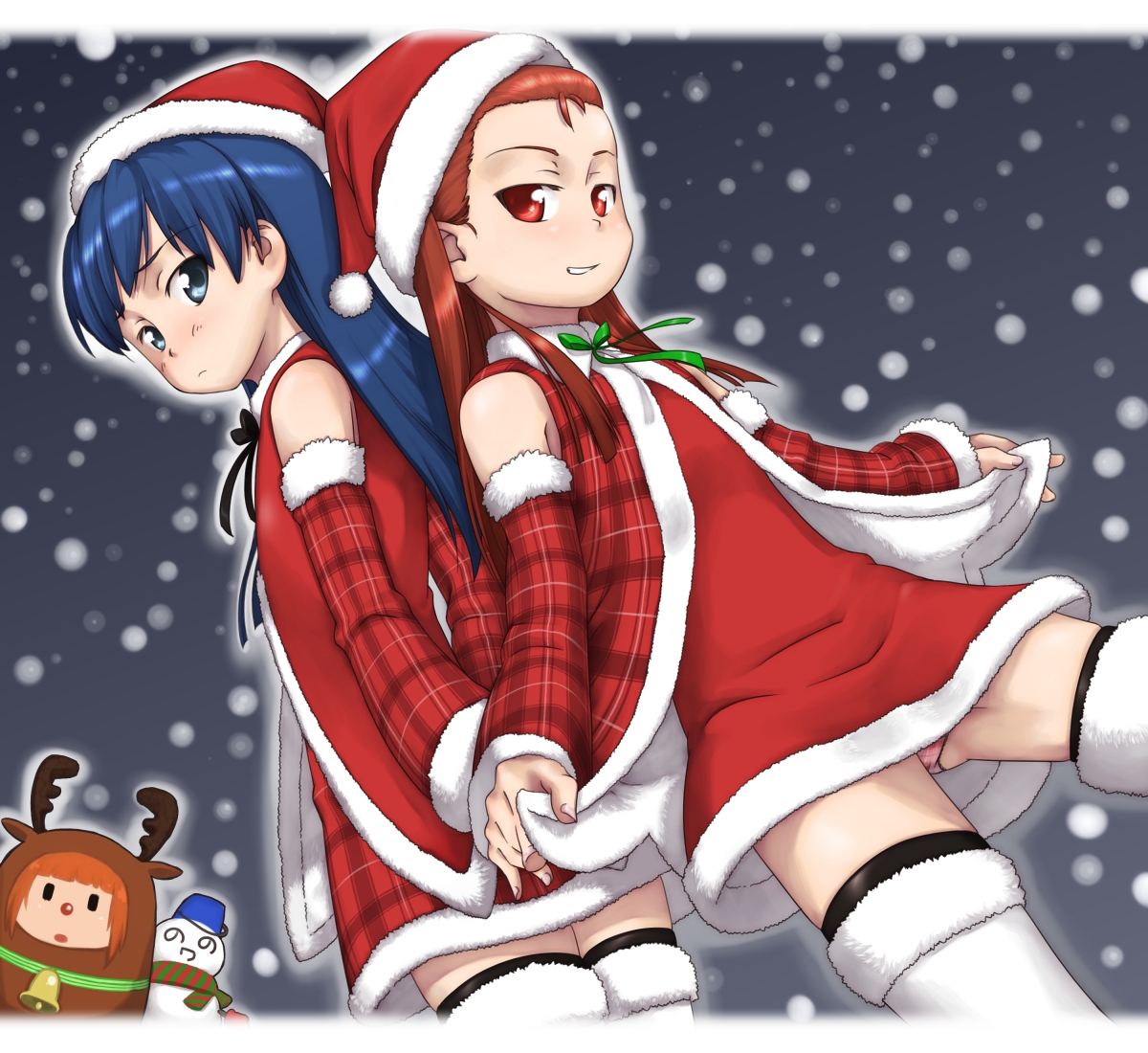 ttomm, kisaragi chihaya, minase iori, nonowa, takatsuki yayoi, idolmaster, idolmaster (classic), 00s, christmas, panties, pantyshot, santa costume, thighhighs, underwear, zettai ryouiki