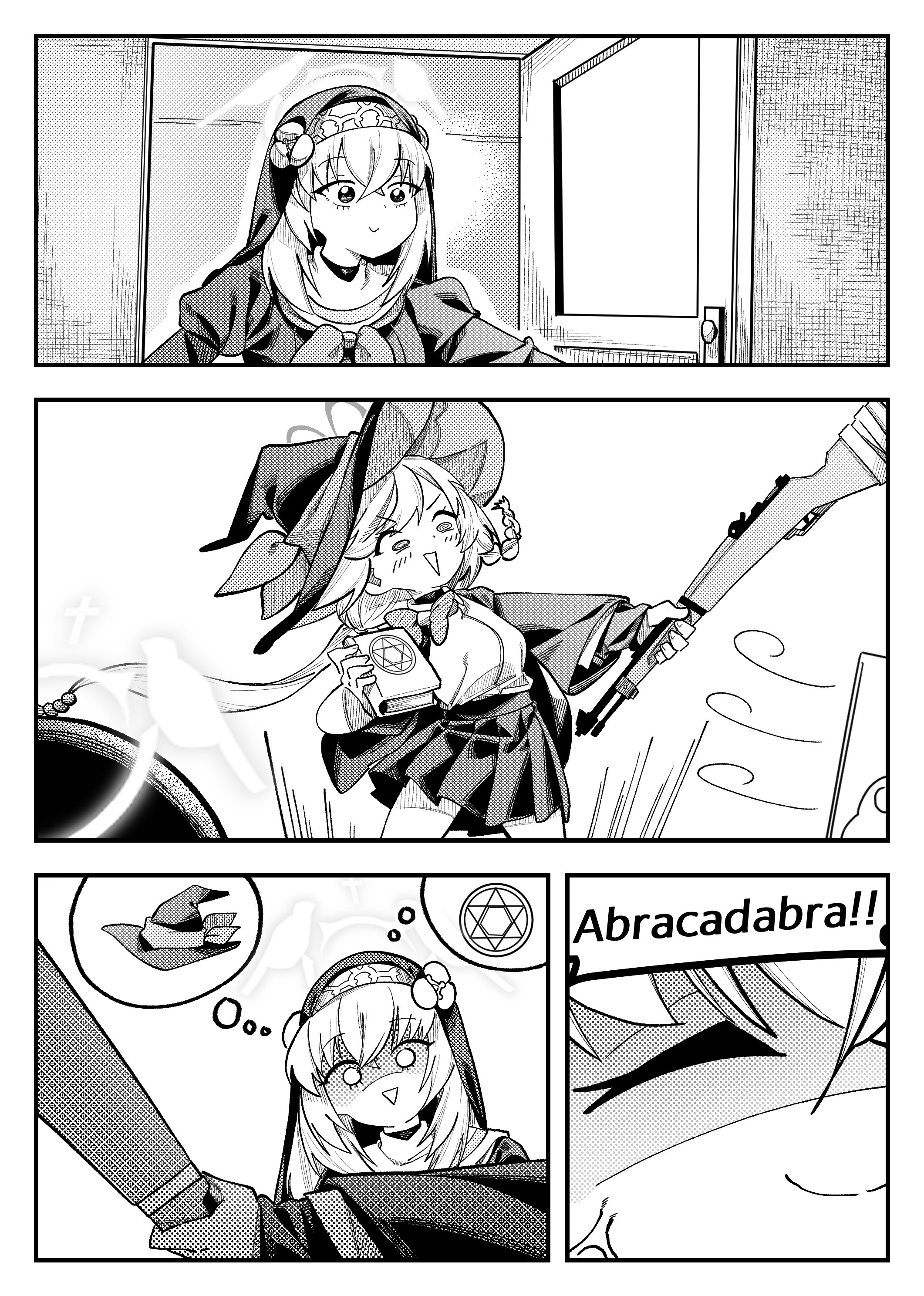 charmbird, eri (blue archive), sakurako (blue archive), blue archive, absurdres, commentary, highres, 2girls, anger vein, blush, book, false smile, greyscale, gun, halo, hat, holding, holding book, holding gun, holding weapon, looking at another, magic circle, monochrome, multiple girls, pleated skirt, rifle, shaded face, shirt tucked in, skirt, smile, speech bubble, thought bubble, triangle mouth, weapon, witch hat