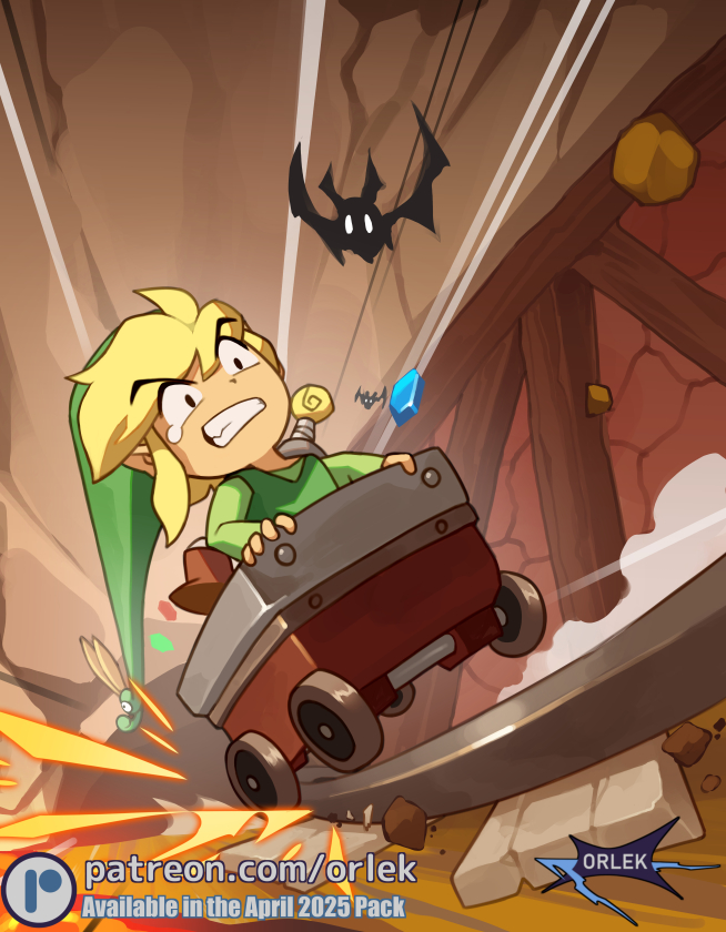 orlek, ezlo, keese, link, toon link, nintendo, the legend of zelda, the legend of zelda: the minish cap, the legend of zelda (nes), 1boy, beak, black eyes, blonde hair, blue eyes, cart, cave, cave interior, clenched teeth, green hat, green tunic, hat, mine (place), minecart, mineshaft, open mouth, pointy ears, railroad tracks, riding, rupee (zelda), short hair, sparks, sword, teeth, tunic, weapon