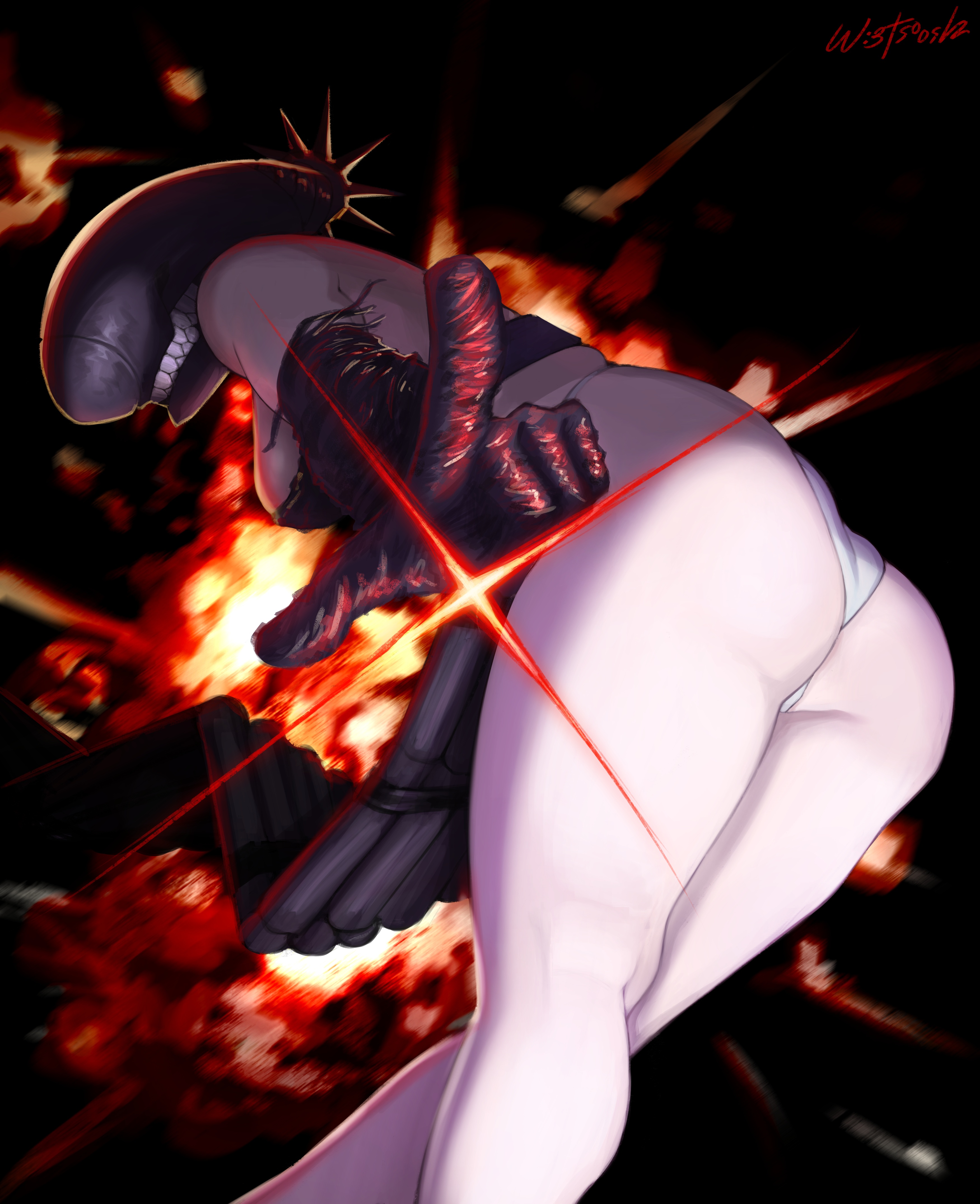 wetsoosh, bomb devil (chainsaw man), chainsaw man, absurdres, highres, 1girl, apron, ass, ass focus, bent over, black apron, black gloves, breasts, dynamite, elbow gloves, explosive, gloves, looking back, medium breasts, panties, pointing, pointing at viewer, solo, teeth, underwear, white panties