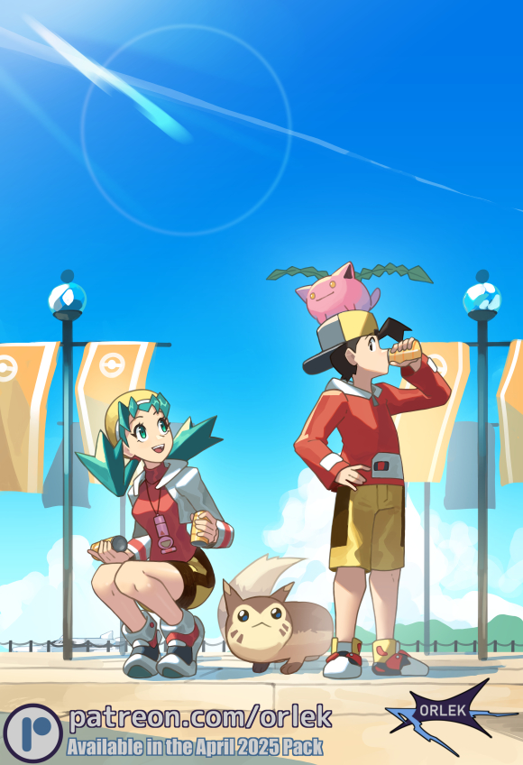 orlek, ethan (pokemon), furret, hoppip, kris (pokemon), nintendo, pokemon, pokemon gsc, 1girl, backwards hat, baseball cap, beanie, bike shorts, black hair, blue eyes, blue hair, blue sky, breasts, can, closed mouth, cloud, drinking, gen 2 pokemon, goldenrod city, hat, holding, holding can, jacket, lamppost, long hair, long sleeves, on head, open clothes, open jacket, open mouth, outdoors, pokemon (creature), pokemon on head, red jacket, red shirt, shirt, short hair, shorts, sky, smile, teeth, twintails, upper teeth only, white jacket, yellow eyes, yellow hat, yellow shorts