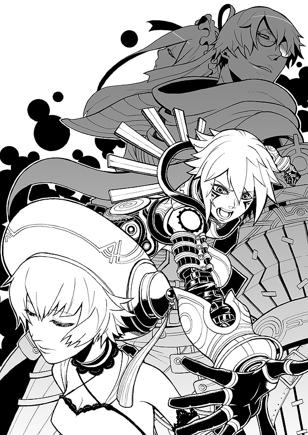 ototuki ena, togatsuko, aina (.hack//), aina (.hack//g.u.), atoli, haseo, haseo (.hack//), ovan, ovan (.hack//), .hack//, .hack//g.u., bandai, cyber connect 2, bad id, bad pixiv id, 00s, 2boys, 2girls, armor, bare shoulders, breasts, cleavage, cloak, closed eyes, facial mark, glasses, greyscale, hat, long hair, monochrome, multiple boys, multiple girls, ribbon, short hair