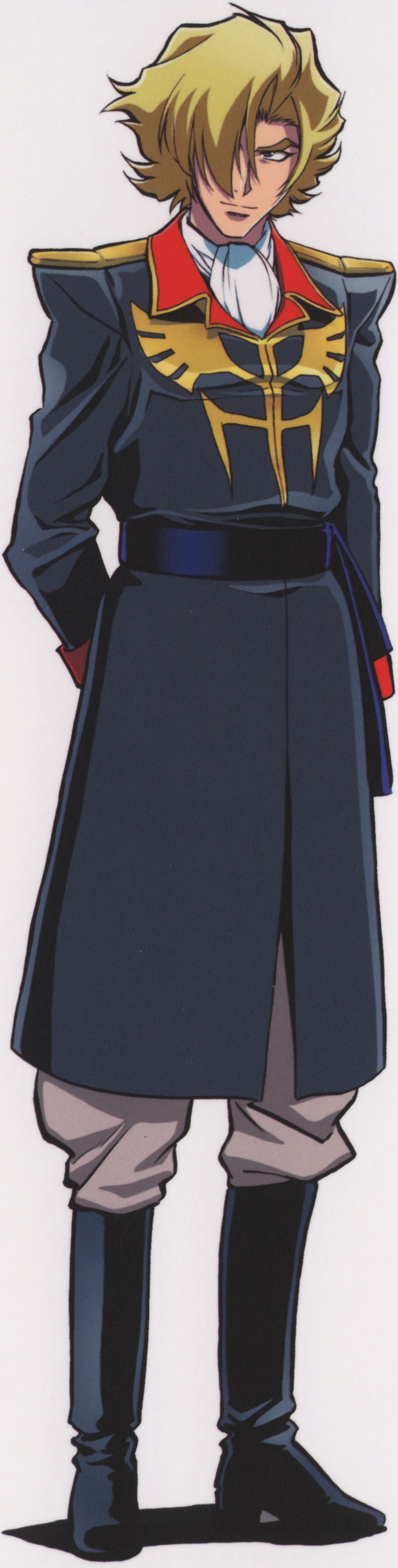 ginias saharin, gundam, gundam 08th ms team, absurdres, highres, long image, official art, scan, tall image, 1boy, blonde hair, blue eyes, boots, hair over one eye, male focus, military, military uniform, solo
