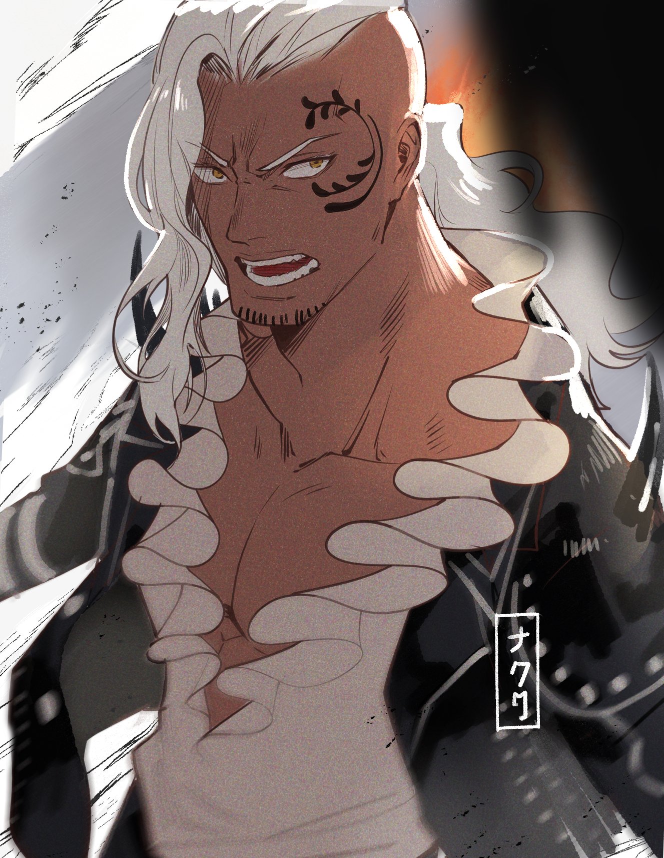ngumngim, king (one piece), one piece, commentary request, highres, 1boy, black jacket, dark-skinned male, dark skin, facial hair, facial mark, goatee stubble, jacket, long hair, long sleeves, looking at viewer, male focus, open mouth, pectorals, poet shirt, shirt, solo, stubble, upper body, white hair, white shirt