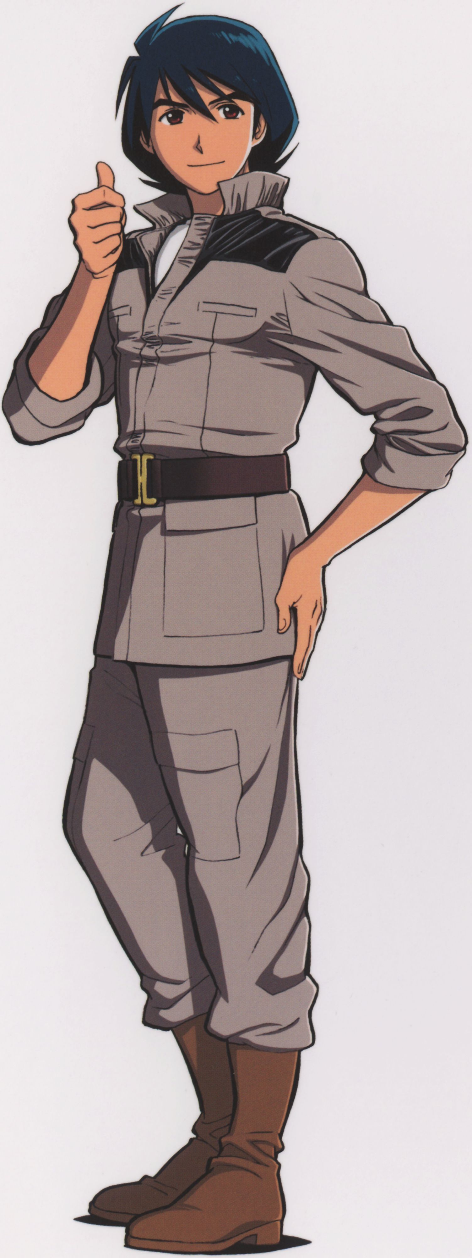 shiro amada, gundam, gundam 08th ms team, absurdres, highres, long image, scan, tall image, 1boy, blue hair, boots, male focus, military, military uniform, red eyes, short hair, solo, thumbs up