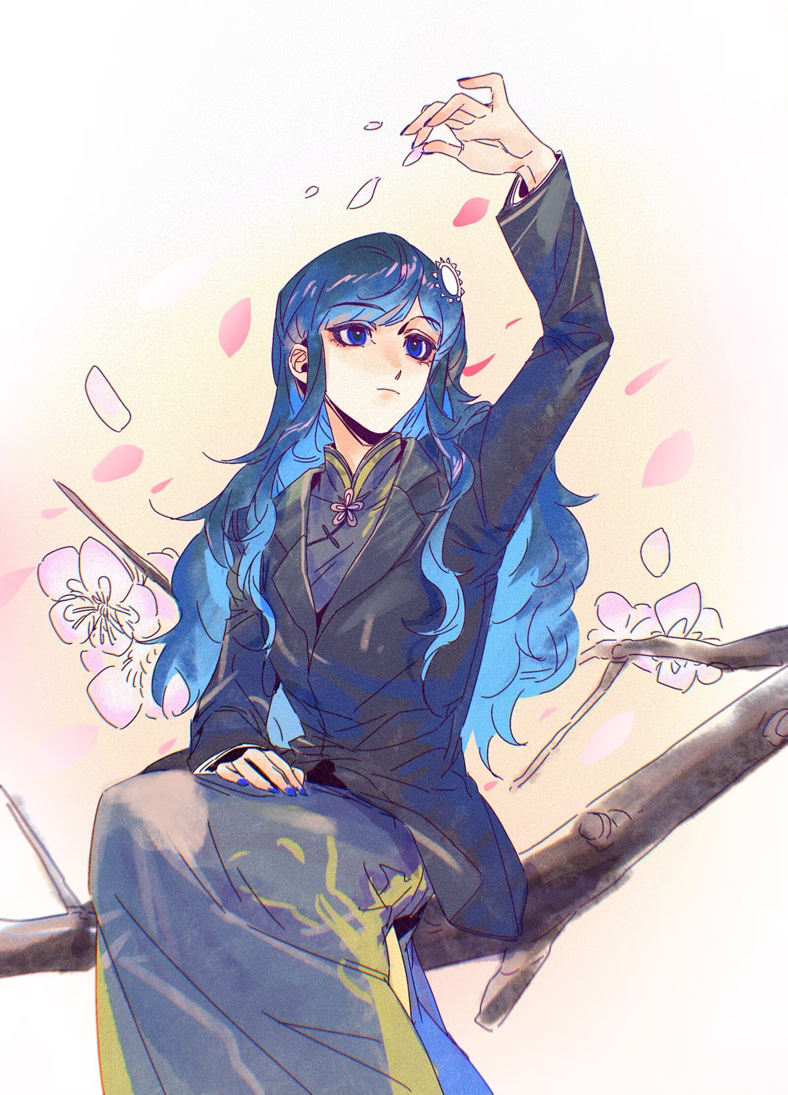 tkotu, highres, 1girl, blue dress, blue eyes, blue hair, blue jacket, blue nails, china dress, chinese clothes, closed mouth, dress, flower, holding, holding petal, jacket, jacket over dress, kmt (tkotu), long hair, long sleeves, nail polish, partyhumans, personification, petals, plum blossoms, sitting, sitting on branch, solo, sun hair ornament, very long hair