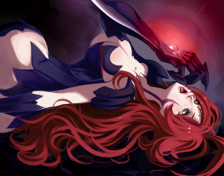 kotetsu motoya, amaha masane, witchblade, 00s, 1girl, armor, bikini armor, black sclera, breasts, colored sclera, female focus, long hair, red hair, solo, tongue, yellow eyes