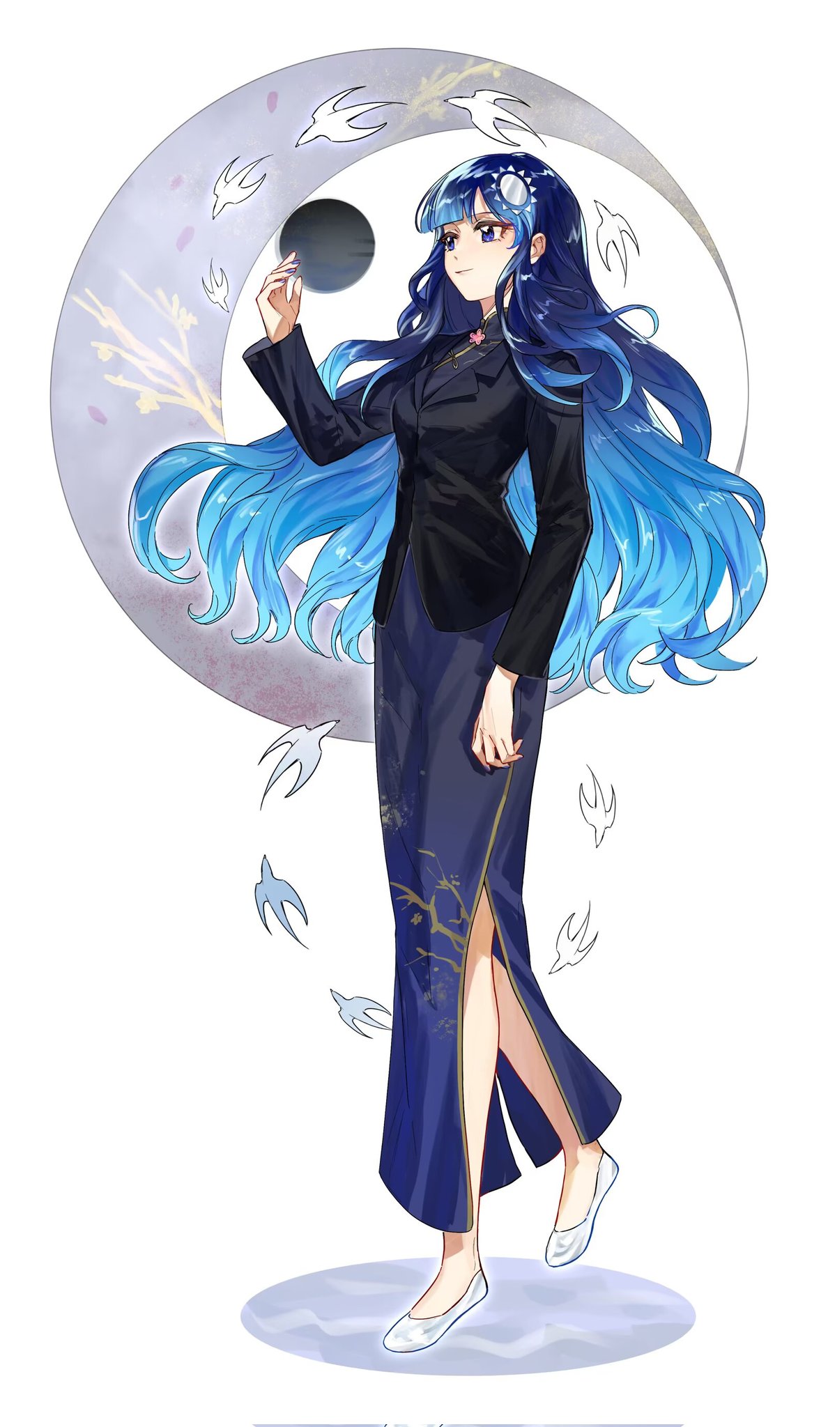 tkotu, highres, 1girl, bird, black jacket, blue dress, blue eyes, blue hair, blue nails, blunt bangs, breasts, china dress, chinese clothes, closed mouth, dress, hand up, jacket, jacket over dress, kmt (tkotu), long hair, long sleeves, medium breasts, nail polish, partyhumans, personification, shoes, simple background, smile, solo, sun hair ornament, very long hair, walking, white background, white shoes