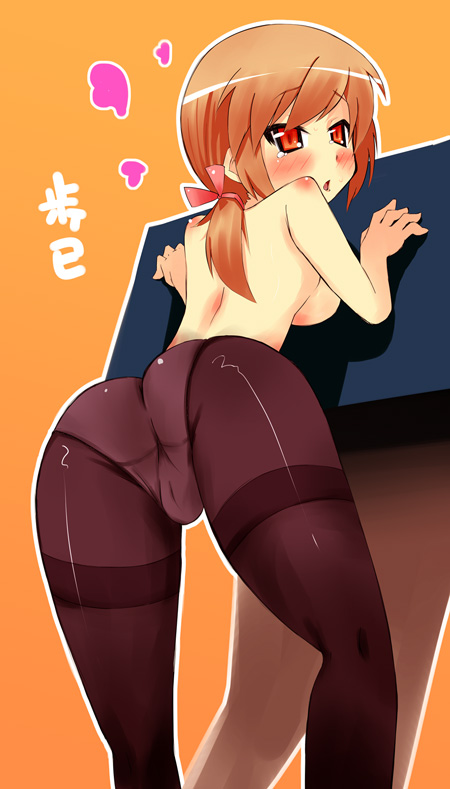 pilotis, nonomura ayumi, hyakko, 00s, 1girl, ass, blush, breasts, brown hair, female focus, orange eyes, panties, panties under pantyhose, pantyhose, ponytail, solo, thighband pantyhose, topless female, underwear