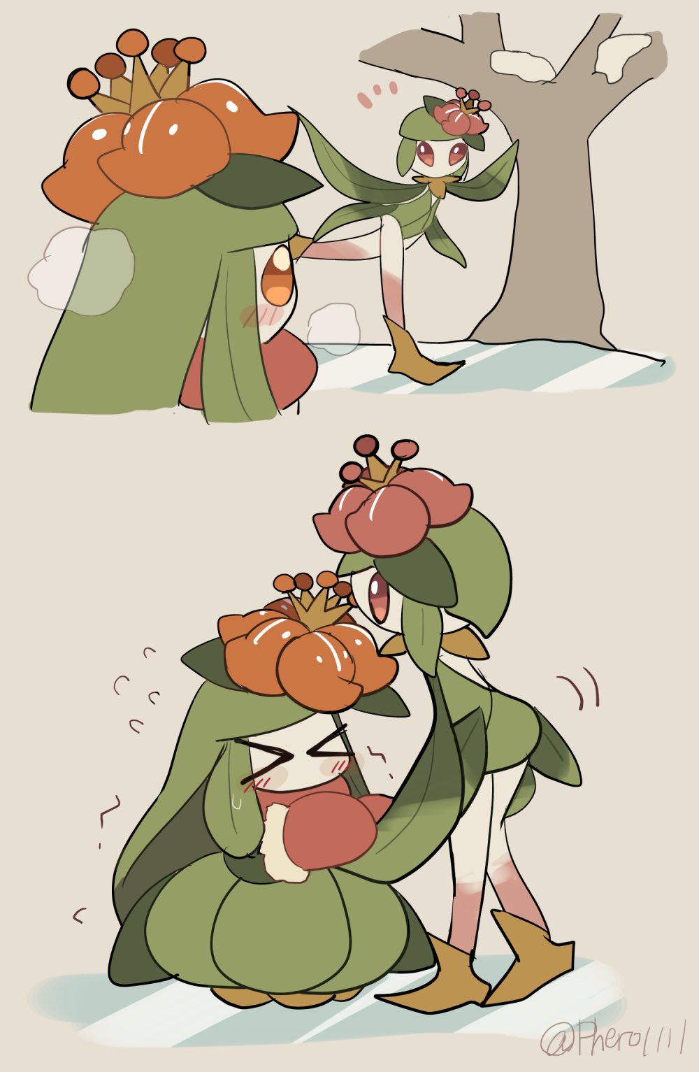 a-nya, hisuian lilligant, lilligant, nintendo, pokemon, highres, > <, 2girls, blush, closed eyes, colored sclera, colored skin, flower, gen 5 pokemon, gloves, green hair, hair flower, hair ornament, holding hands, ice, ice skating, monster girl, multiple girls, pink flower, pink sclera, plant girl, pokemon (creature), pokemon focus, red eyes, red gloves, regional and normal, short hair, skating, snow, tree