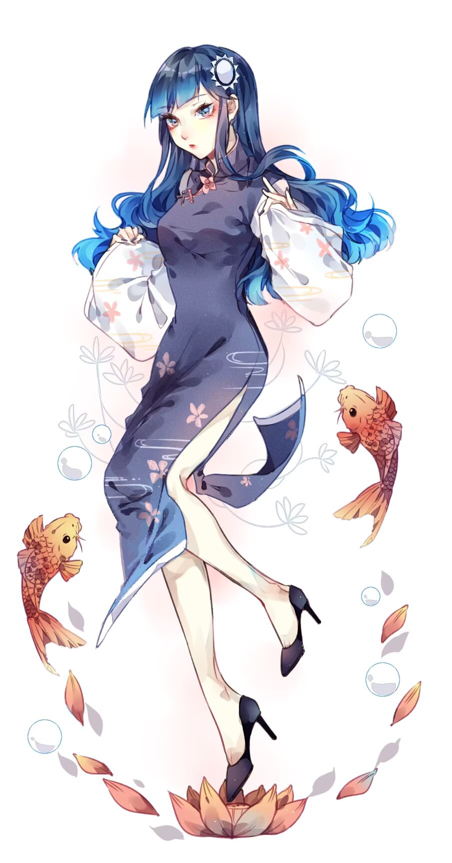 tkotu, highres, 1girl, black shoes, blue dress, blue eyes, blue hair, breasts, china dress, chinese clothes, dress, dress over shirt, fish, flower, goldfish, high heels, kmt (tkotu), long sleeves, lotus, medium breasts, partyhumans, personification, red lips, shirt, shoes, sidelocks, sleeveless, sleeveless dress, sleeveless shirt, solo, sun hair ornament, white shirt