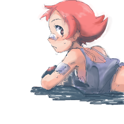 maylene (pokemon), nintendo, pokemon, pokemon dppt, lowres, 00s, 1girl, bandages, breasts, female focus, flat chest, gloves, gym leader, oekaki, pink hair, red eyes, short hair, sideboob, simple background, small breasts, solo, sweat, tank top, white background