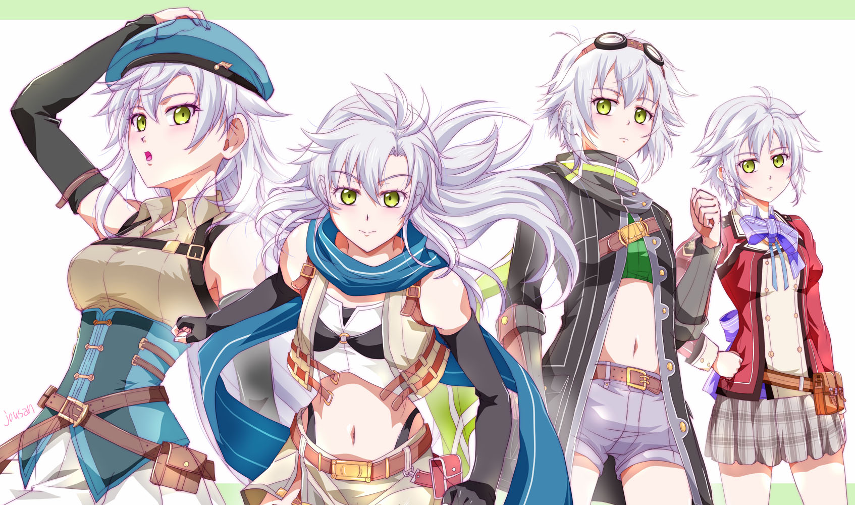 xiacheng tatsuya, fie claussell, eiyuu densetsu, sen no kiseki, sen no kiseki (series), sen no kiseki i, sen no kiseki ii, sen no kiseki iii, sen no kiseki iv, highres, 4girls, artist name, back bow, beret, black gloves, blue bow, blue bowtie, blue hat, bob cut, border, bow, bowtie, breasts, closed mouth, crop top, cropped jacket, curtained hair, detached sleeves, elbow gloves, fingerless gloves, floating hair, floating scarf, gloves, goggles, goggles on head, green border, green eyes, hair between eyes, hand on own hip, hat, jacket, long hair, long sleeves, looking at viewer, medium breasts, midriff, multiple girls, navel, parted bangs, plaid clothes, plaid skirt, scarf, school uniform, short hair, short sleeves, shorts, simple background, skirt, small breasts, smile, stomach, thors military academy class vii uniform, traditional bowtie, two-tone background, upper body, white background, white hair
