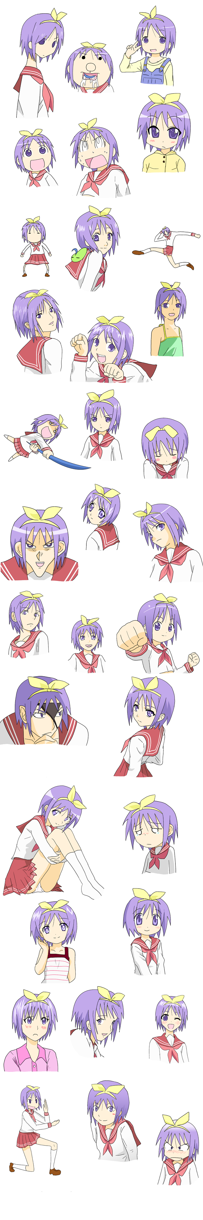 kimineri, hiiragi tsukasa, kuga utao, asatte no houkou, chokotto sister, code geass, dragonaut, elfen lied, eureka seven, eureka seven (series), fate/stay night, fate (series), gag manga biyori, gakuen utopia manabi straight!, gantz, hidamari sketch, ichigo mashimaro, kamichu!, kamisama dolls, lucky star, macross, macross frontier, mahou sensei negima!, narutaru, nichijou, noein, pani poni dash!, pontera, saint october, sayonara zetsubou sensei, school days, soul eater, sumomomo momomo, tengen toppa gurren lagann, true tears, tsukuyomi moonphase, yotsubato!, yozakura quartet, yu-gi-oh!, yu-gi-oh! duel monsters, zegapain, absurdres, annotated, bad id, bad pixiv id, highres, long image, tall image, 1girl, aoki ume (style), arawi keiichi (style), bow, comparison, hair bow, hairband, headband, multiple views, panties, parody, purple eyes, purple hair, school uniform, serafuku, short hair, skirt, spinzaku, style parody, tokisadame school uniform, underwear, white panties