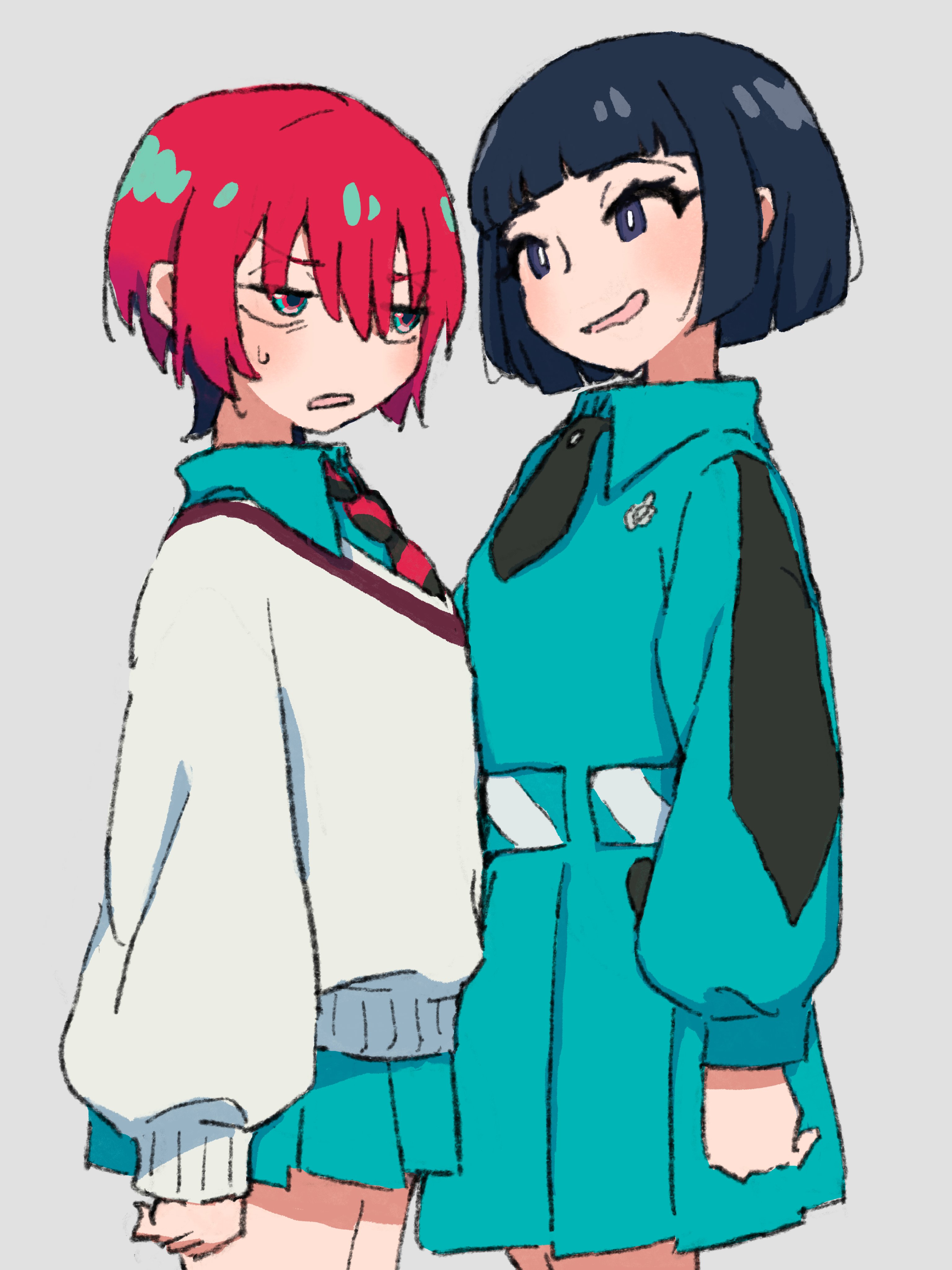 xoo (x), amate yuzuriha, cardian, tamaki yuzuriha, gundam, gundam gquuuuuux, absurdres, commentary request, highres, 2girls, aged down, blue eyes, blue hair, family, mother and daughter, multiple girls, necktie, red eyes, red hair, school uniform, short hair, simple background, white background