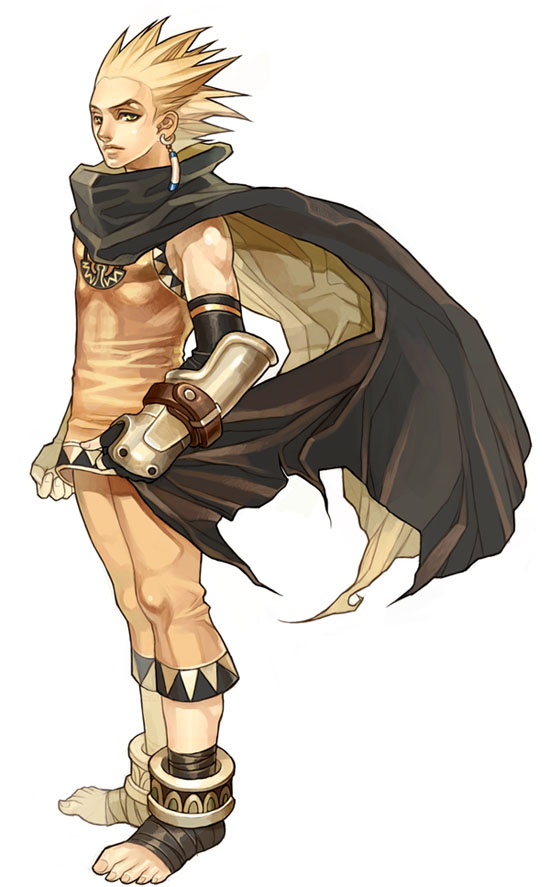 asgard, nexon, artist request, official art, second-party source, 1boy, ankle cuffs, armor, black cloak, black gloves, blonde hair, capri pants, cloak, cloak pull, covered pectorals, double-parted hair, earrings, elbow gloves, expressionless, fingerless gloves, fingernails, foot wraps, from side, full body, gauntlets, gloves, gold armor, impasto, jewelry, legs together, light frown, looking at viewer, male focus, monk (asgard), nose, orange pants, orange shirt, pants, pectorals, shirt, short hair, sleeveless, sleeveless shirt, spiked hair, standing, toenails, toes, two-sided cloak, two-sided fabric, vambraces, yellow eyes