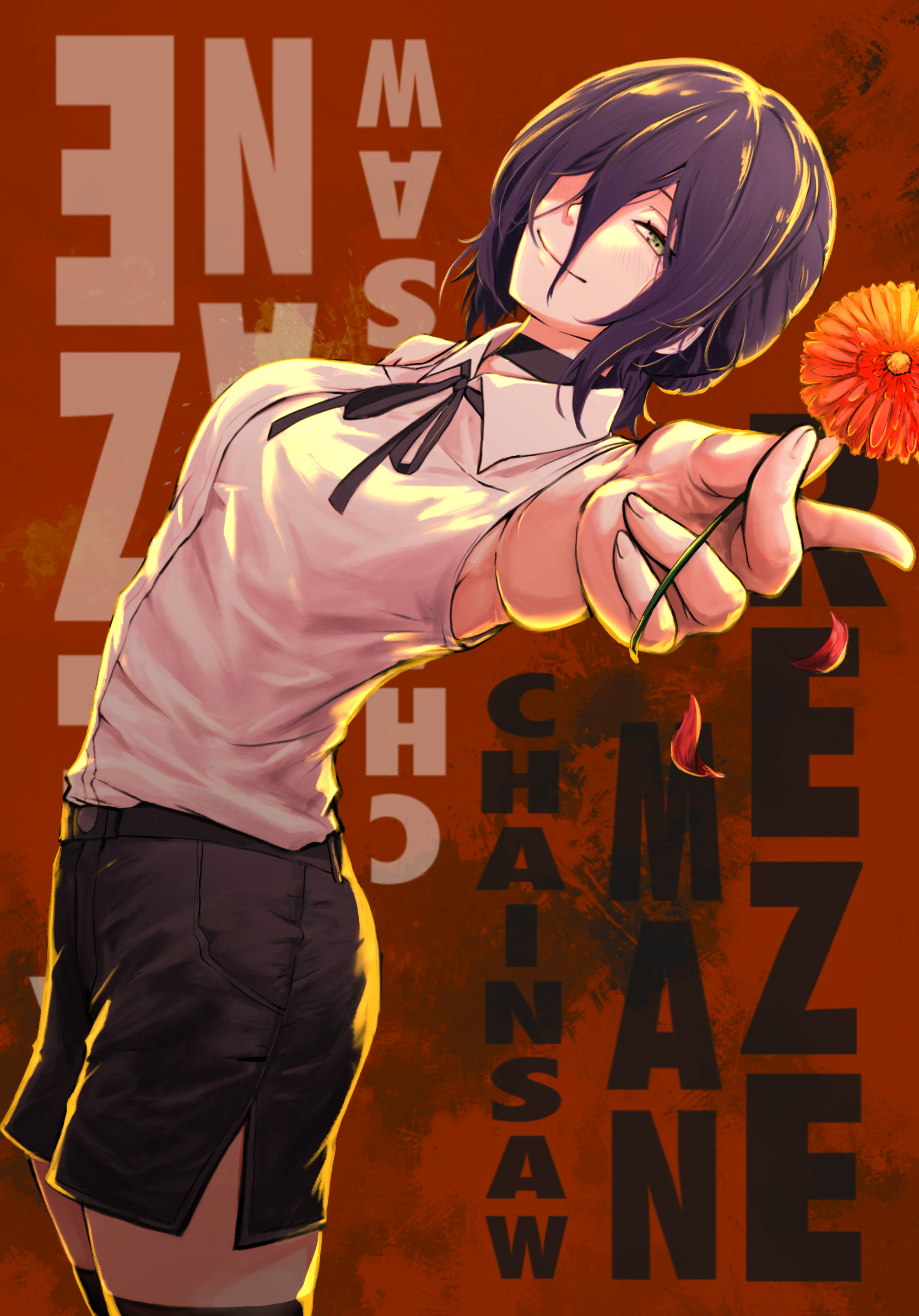 reze (chainsaw man), chainsaw man, highres, 1girl, black choker, black ribbon, black shorts, character name, choker, closed mouth, collared shirt, copyright name, flower, green eyes, holding, holding flower, neck ribbon, outstretched arm, purple hair, red flower, ribbon, shirt, shirt tucked in, shorts, sleeveless, sleeveless shirt, smile, solo, sric22352, white shirt