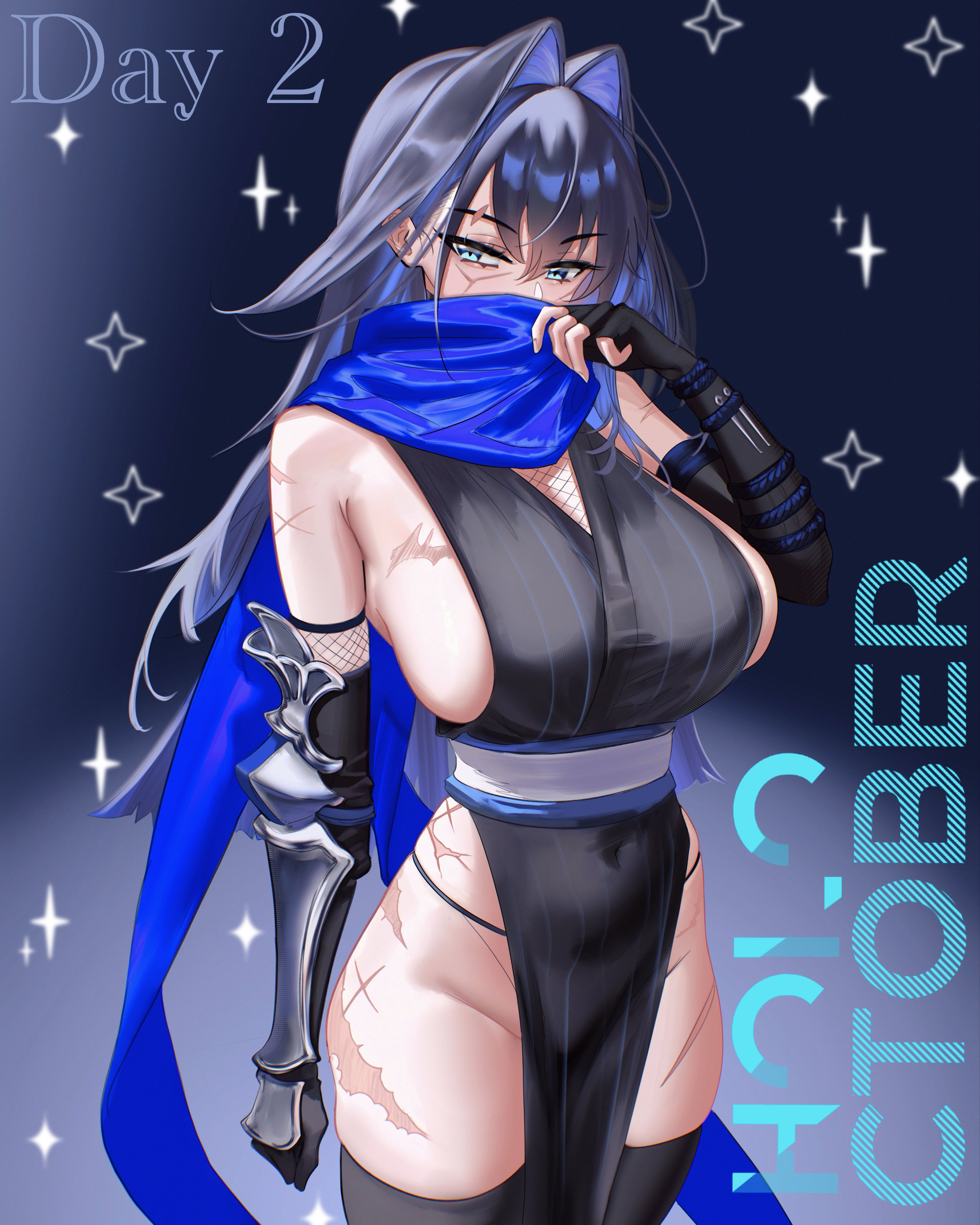 itszenvy, ouro kronii, hololive, hololive english, absurdres, commentary, english commentary, highres, 1girl, alternate costume, arm guards, black gloves, black thighhighs, blue eyes, blue hair, blue scarf, breasts, colored inner hair, cowboy shot, elbow gloves, english text, fingerless gloves, fishnets, gloves, hair flaps, hair intakes, japanese clothes, large breasts, long hair, looking at viewer, multicolored hair, ninja, panties, panty straps, pelvic curtain, scar, scar on arm, scar on chest, scar on face, scar on leg, scarf, sideboob, sideless outfit, solo, string panties, thighhighs, underwear, virtual youtuber