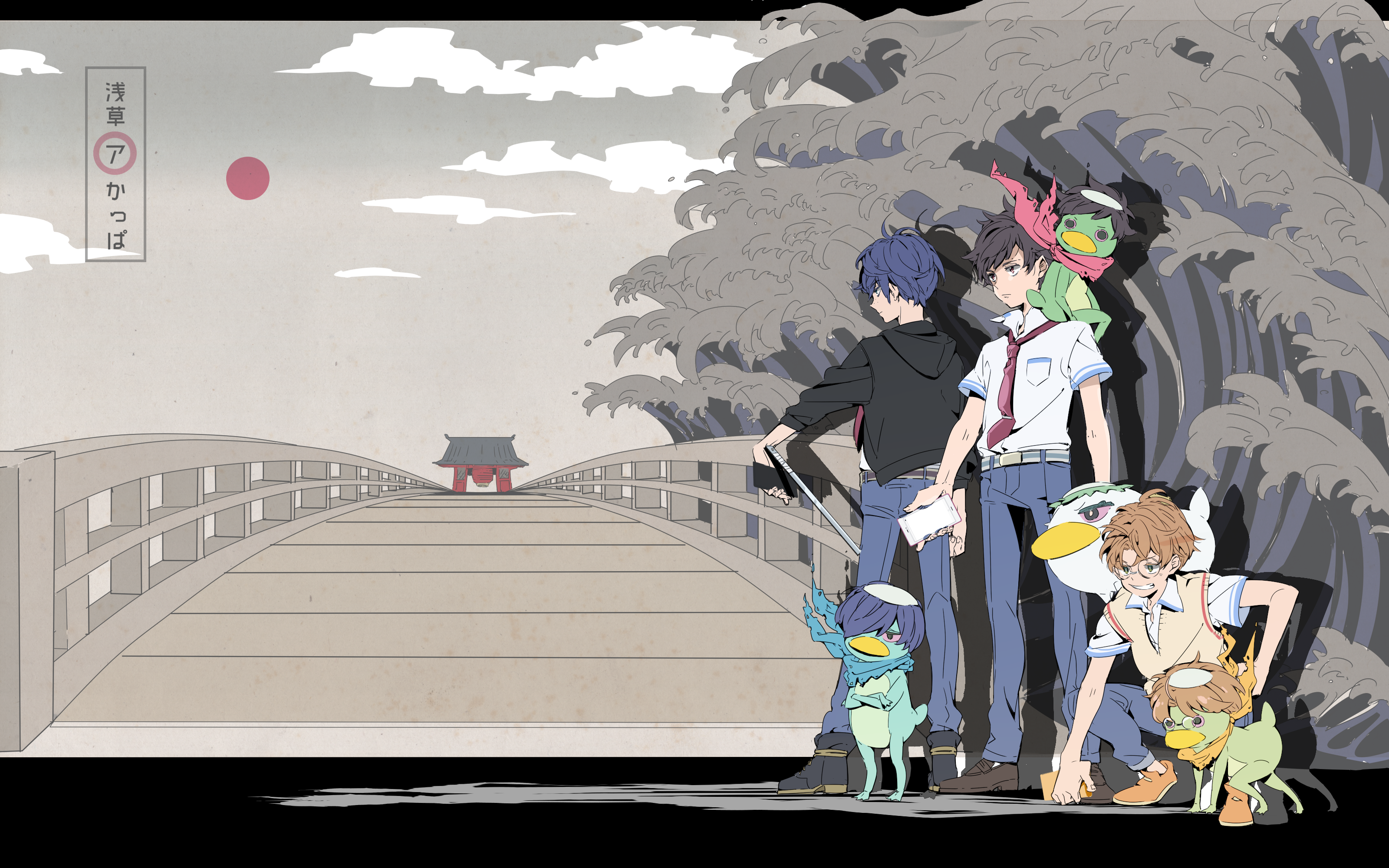 jinnai enta, kuji toi, yasaka kazuki, sarazanmai, absurdres, commentary request, highres, translation request, 3boys, bandana, bandana around neck, black jacket, blue hair, blue pants, bridge, brown hair, brown sweater vest, cellphone, cloud, crossed arms, dual persona, grey sky, holding, holding phone, holding ruler, jacket, kappa, male focus, multiple boys, natsudane, necktie, orange shoes, pants, phone, red necktie, red sun, shirt, shoes, short hair, sky, smartphone, squatting, standing, sweater vest, torii, waves, white shirt