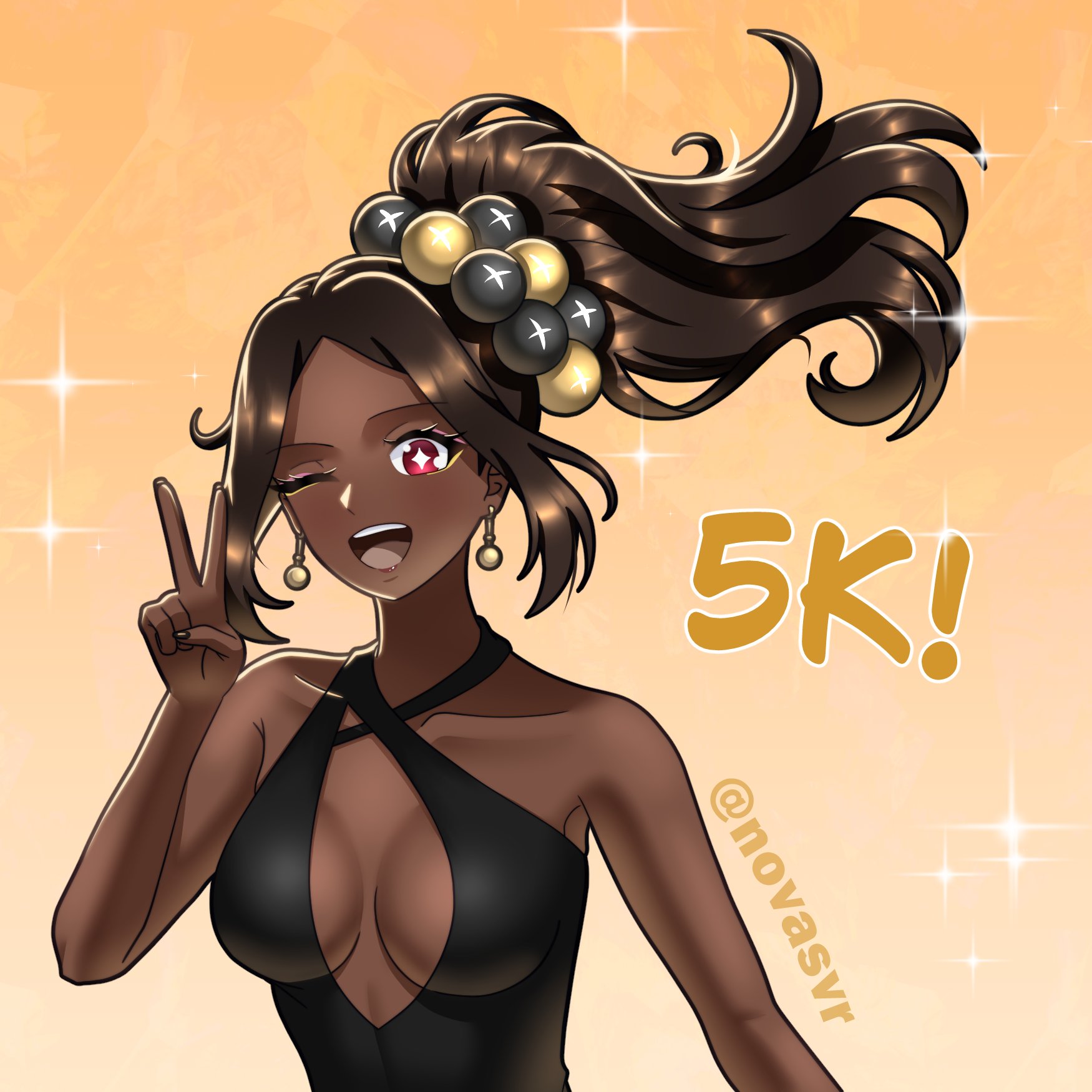 novasvr, timerra (fire emblem), fire emblem, fire emblem engage, nintendo, highres, + +, 1girl, alternate costume, black dress, breasts, cleavage, dark-skinned female, dark skin, dress, one eye closed, open mouth, pearl hair ornament, v, very dark skin