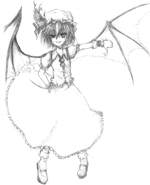 zaki (artist), remilia scarlet, touhou, 1girl, bat wings, dress, female focus, greyscale, hat, looking at viewer, mob cap, monochrome, puffy short sleeves, puffy sleeves, short hair, short sleeves, simple background, solo, vampire, white background, wings