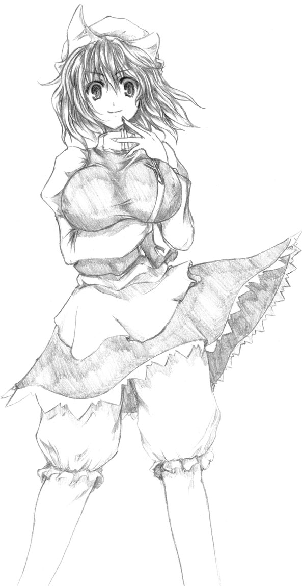 zaki (artist), letty whiterock, touhou, graphite (medium), traditional media, 1girl, apron, bloomers, breasts, female focus, frills, greyscale, large breasts, looking at viewer, monochrome, puffy short sleeves, puffy sleeves, short hair, short sleeves, simple background, solo, standing, underwear, waist apron, white background