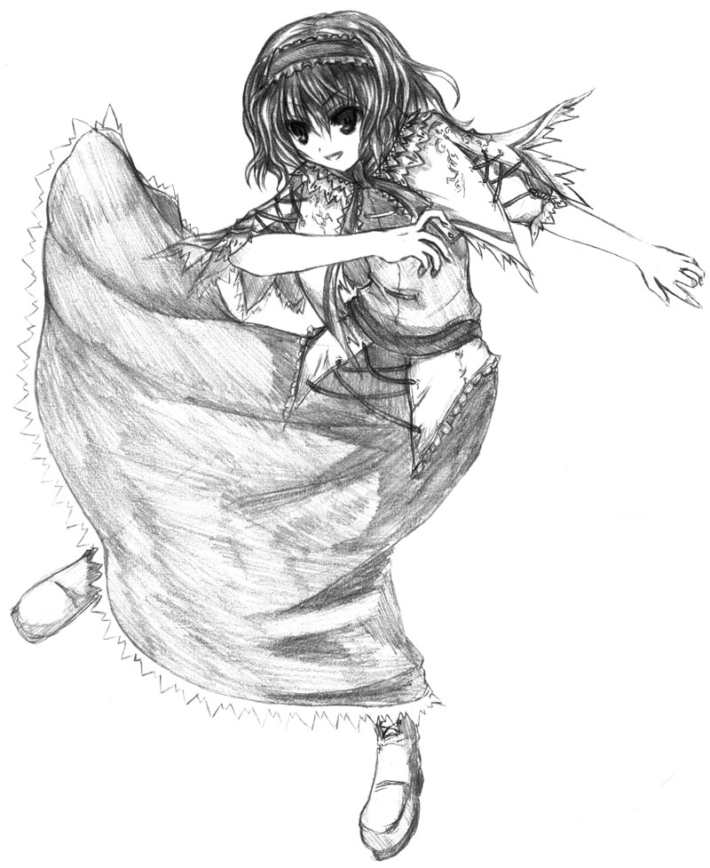 zaki (artist), alice margatroid, touhou, 1girl, belt, blush, dress, female focus, full body, greyscale, long sleeves, looking at viewer, monochrome, shoes, simple background, solo, white background