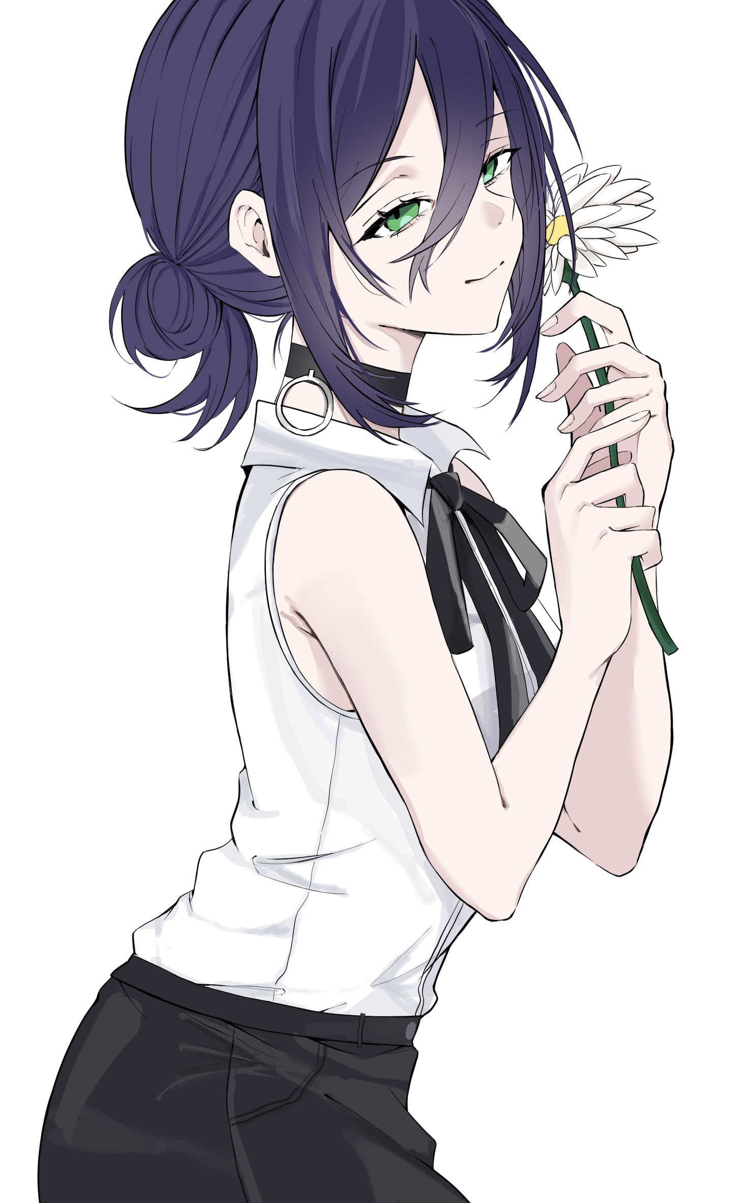 reze (chainsaw man), chainsaw man, commentary request, highres, 1girl, black choker, black ribbon, black shorts, blue hair, choker, closed mouth, collared shirt, flower, green eyes, grenade pin, hair between eyes, holding, holding flower, momoka46shoji, neck ribbon, ribbon, shirt, shirt tucked in, shorts, simple background, smile, solo, white background, white flower, white shirt