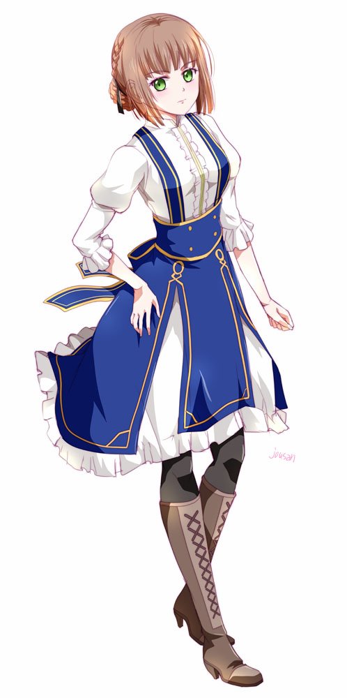 xiacheng tatsuya, duvalie, ao no kiseki, eiyuu densetsu, 1girl, artist name, bob cut, boots, braid, breasts, crown braid, dress, full body, green eyes, hair bun, hand on own hip, high heel boots, high heels, long sleeves, looking at viewer, medium breasts, puffy long sleeves, puffy sleeves, short hair, simple background, single hair bun, solo, tachi-e, white background