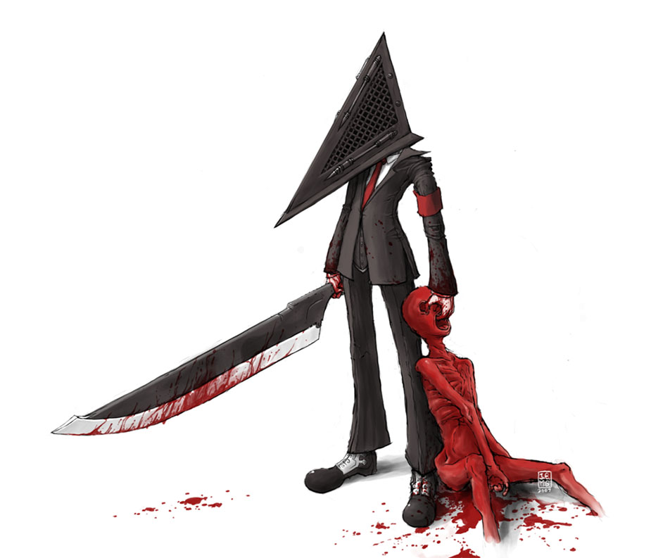 j-e-m-g, pyramid head, silent hill, silent hill (movie), silent hill (series), silent hill 2, 1boy, armband, blood, death, formal clothes, guro, helmet, knife, male focus, suit, sword, weapon