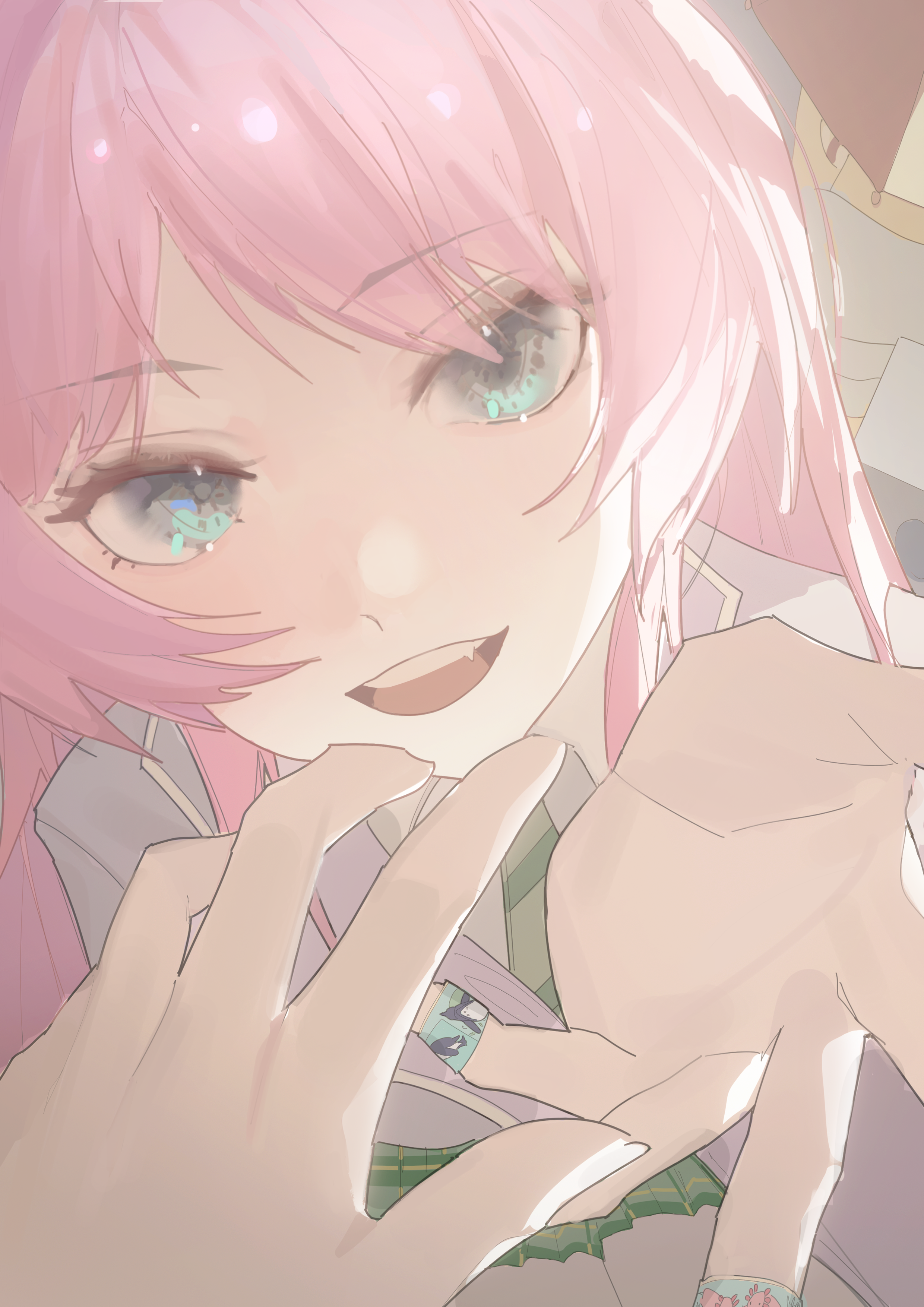 paplife, chihaya anon, nagasaki soyo, bang dream!, bang dream! it's mygo!!!!!, absurdres, commentary, highres, symbol-only commentary, 2girls, bandaid, bandaid on finger, bandaid on hand, fang, female pov, green skirt, grey eyes, grey jacket, haneoka school uniform, jacket, multiple girls, offering hand, open mouth, pink hair, pov, school uniform, skirt, teeth, upper teeth only