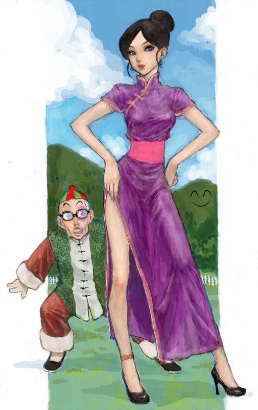 ponsuke (pon00000), tsun tsuntsunodanoteiyugo, tsun tsuruten, dr. slump, bad id, bad pixiv id, 1girl, black hair, bruise, china dress, chinese clothes, day, dress, earrings, glasses, hair bun, high heels, injury, jewelry, shoes, short hair, single hair bun, sky