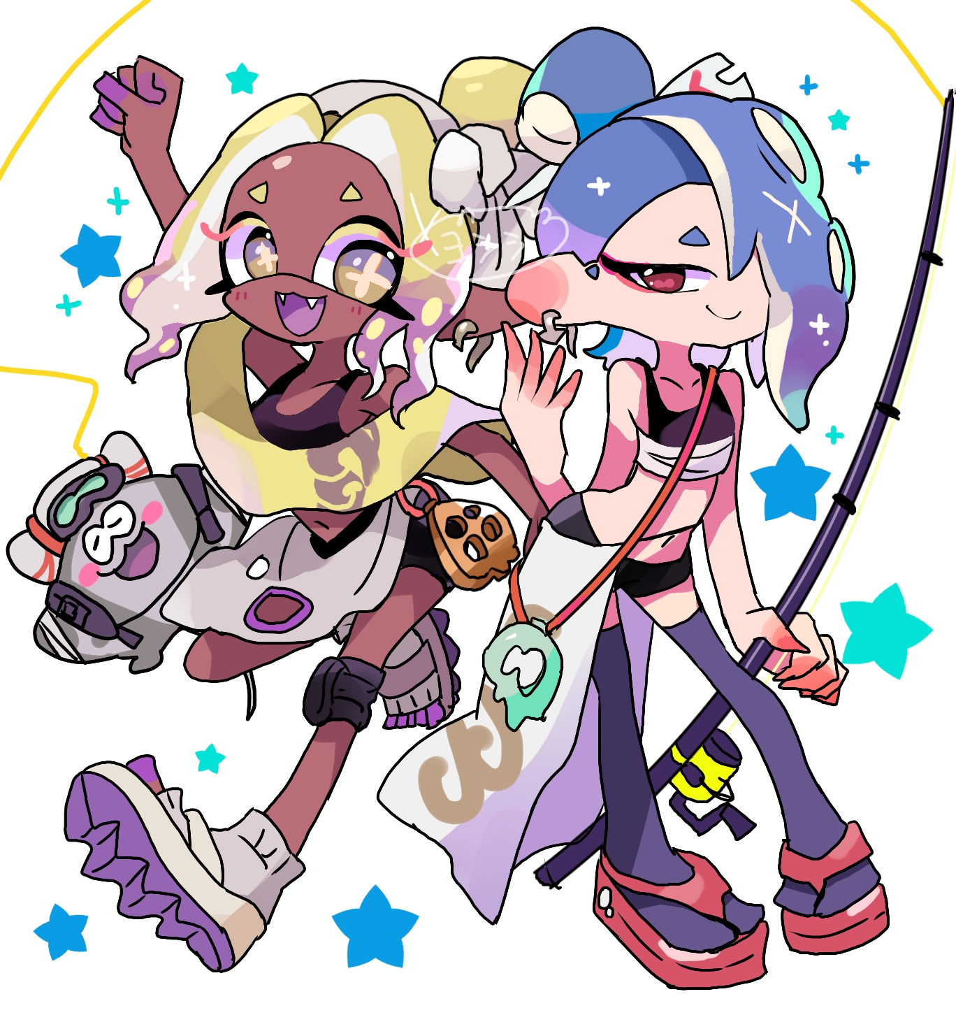 yoshishi (yosisitoho), big man (splatoon), frye (splatoon), shiver (splatoon), nintendo, splatoon (series), splatoon 3, highres, 1boy, 2girls, black shirt, black shorts, blonde hair, blue hair, blue socks, cephalopod eyes, chest sarashi, clenched hand, colored eyelashes, colored tongue, crop top, dark-skinned female, dark skin, earrings, fangs, fishing rod, full body, hair bun, hair over one eye, holding, holding fishing rod, inkling, jewelry, long hair, long pointy ears, looking at viewer, manta ray, multiple earrings, multiple girls, octoling, official alternate costume, open mouth, pointy ears, purple tongue, red eyes, red shoes, sarashi, see-through clothes, see-through shawl, shawl, shirt, shoes, shorts, simple background, smile, socks, standing, star (symbol), suction cups, symbol-shaped pupils, tentacle hair, white background, white shoes, yellow eyes