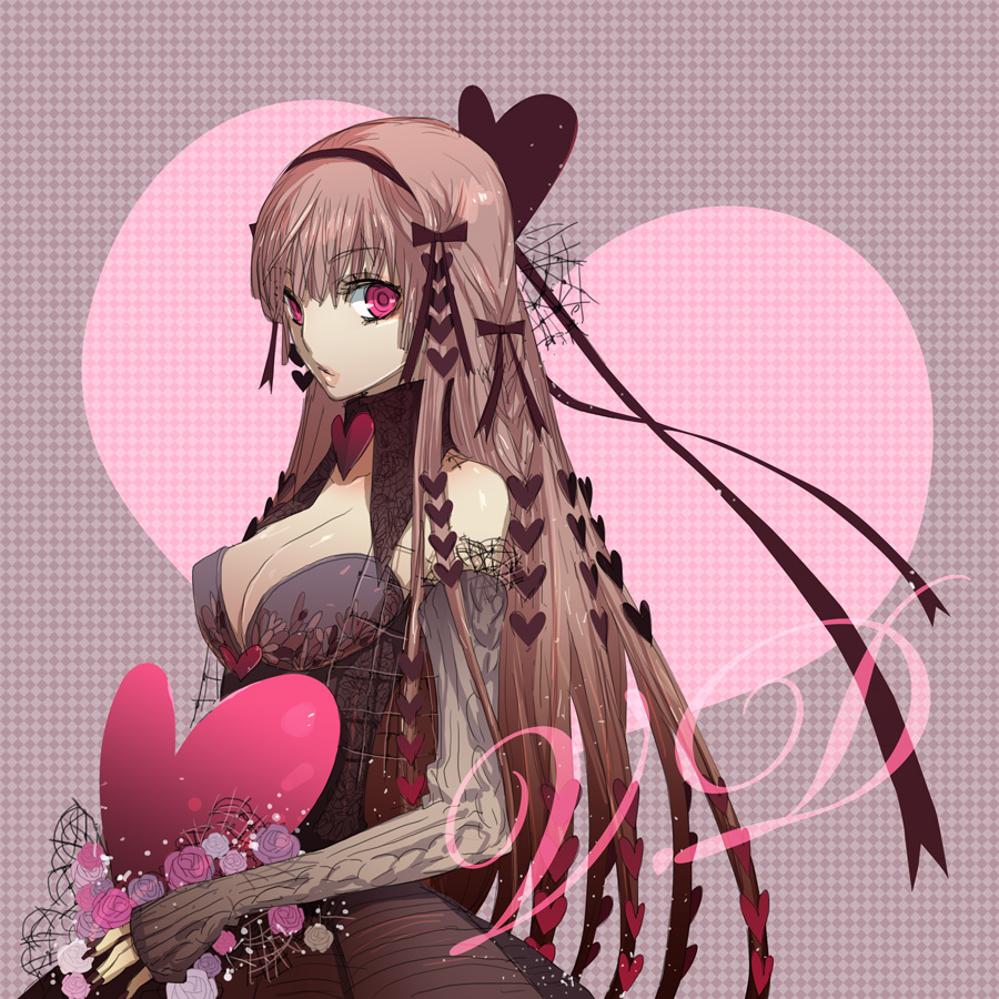 mami (apsaras), original, 1girl, breasts, brown hair, cleavage, detached sleeves, dress, female focus, fingernails, flower, hair ornament, hair ribbon, heart, large breasts, long hair, nail (hardware), nail polish, pink eyes, ribbon, solo, very long hair
