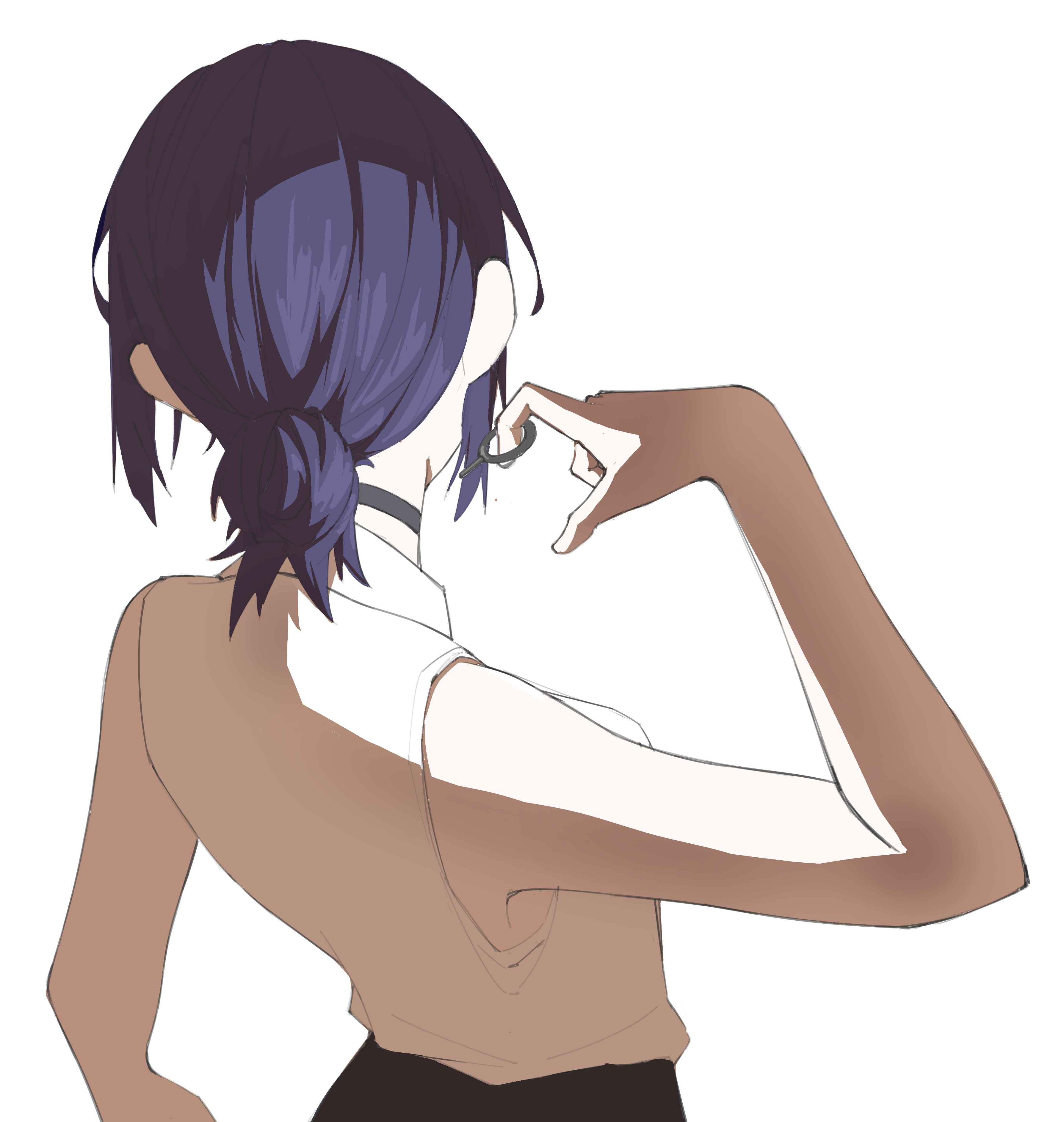 reze (chainsaw man), chainsaw man, absurdres, highres, 1girl, black choker, blue hair, choker, grenade pin, hair bun, shirt, shirt tucked in, shota zero 0, simple background, sleeveless, sleeveless shirt, solo, white background, white shirt