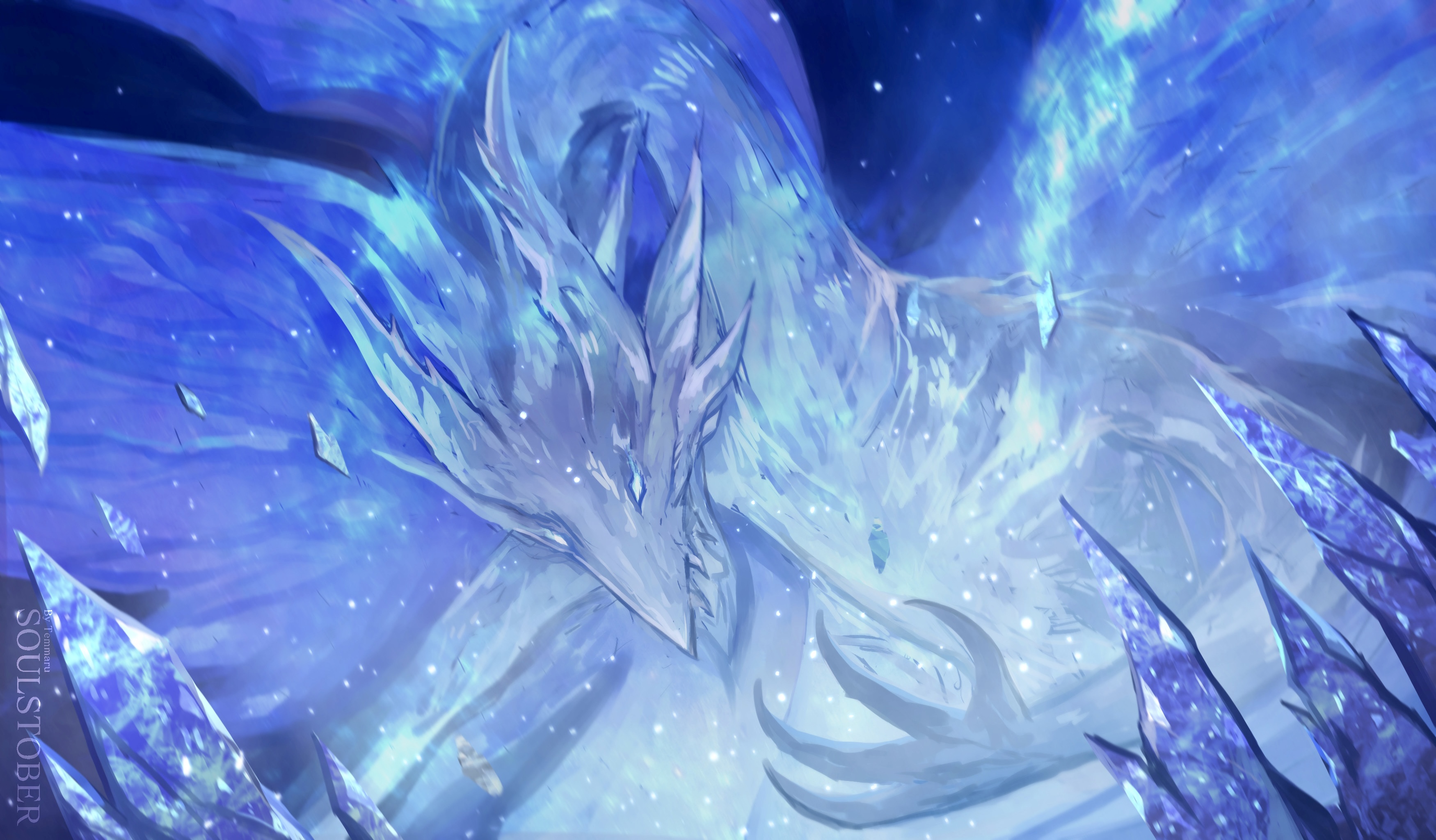 temmaru1, seath the scaleless, dark souls (series), dark souls i, absurdres, commentary, english commentary, highres, blue fire, blue theme, crystal, dragon, fire, monochrome, no humans