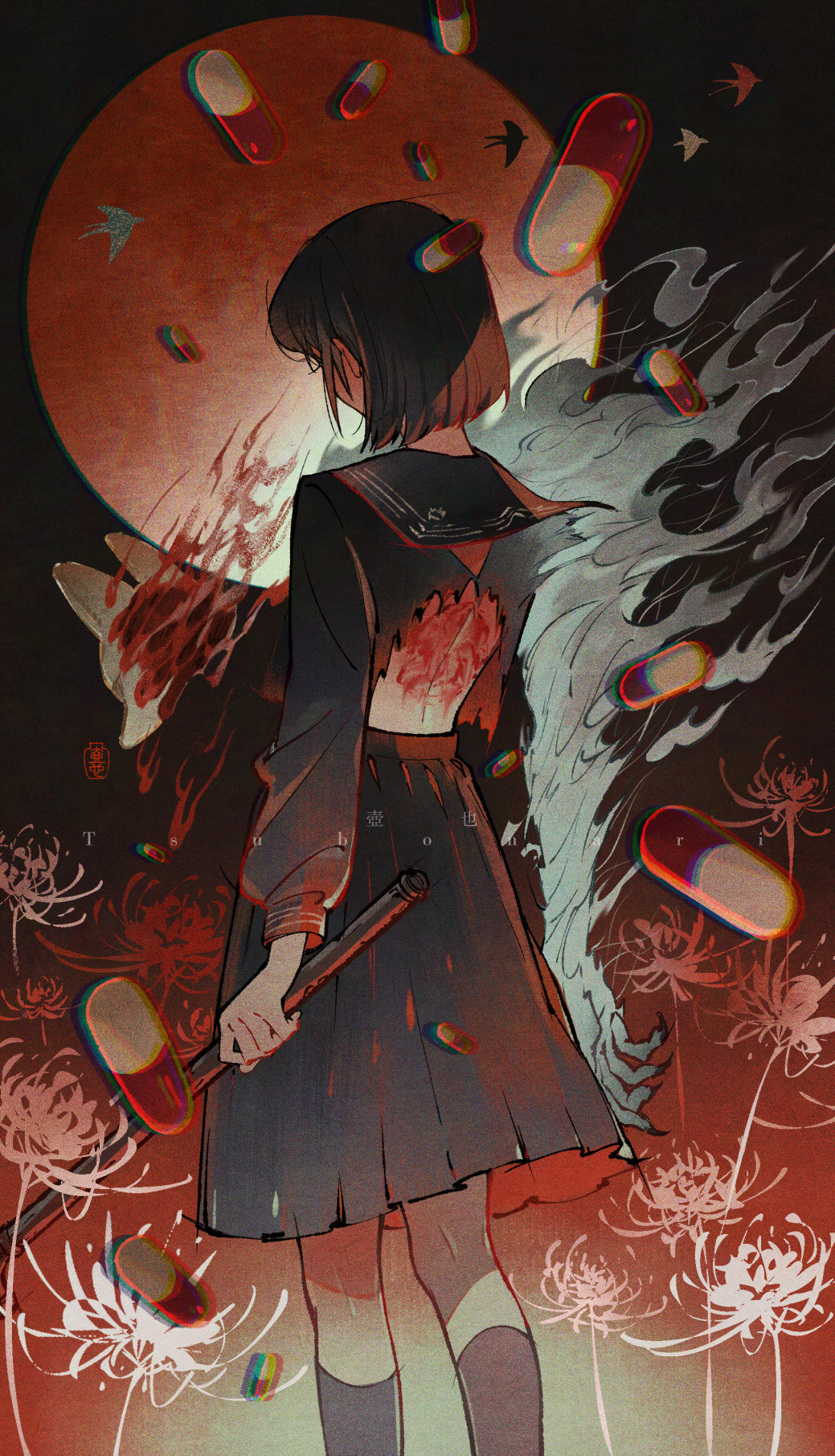 tsubonari, shimizu hinako, silent hill (series), silent hill f, highres, spoilers, 1girl, black hair, black serafuku, black skirt, black socks, flower, fox hinako, holding, holding lead pipe, lead pipe, mismatched arms, pill, school uniform, serafuku, skirt, socks, spider lily, torn clothes
