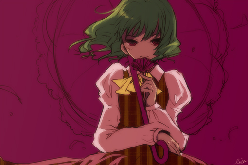 domotolain, kazami yuuka, touhou, 1girl, ascot, female focus, flower, green hair, holding, holding flower, no nose, parasol, red eyes, short hair, skirt, smelling, smelling flower, smile, solo, umbrella, vest