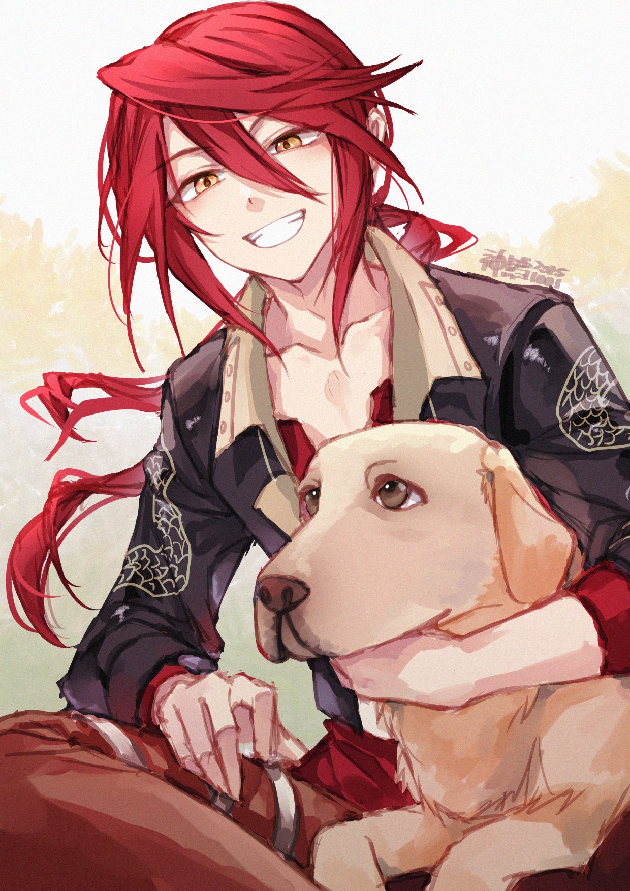willfin, aaron wei, eiyuu densetsu, kuro no kiseki (series), highres, 1boy, 1other, collarbone, dated, dog, double-parted bangs, floating hair, grin, hair between eyes, jacket, long hair, looking at viewer, male focus, red hair, sidelocks, signature, sitting, smile, wing collar, yellow eyes