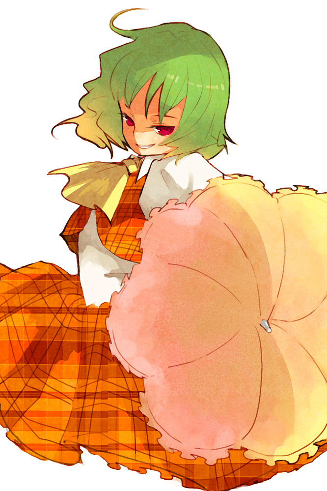 domotolain, kazami yuuka, touhou, bad id, bad pixiv id, 1girl, ascot, evil grin, evil smile, female focus, green hair, grin, parasol, plaid clothes, plaid skirt, plaid vest, red eyes, short hair, skirt, smile, solo, umbrella, unmoving pattern, vest, white background