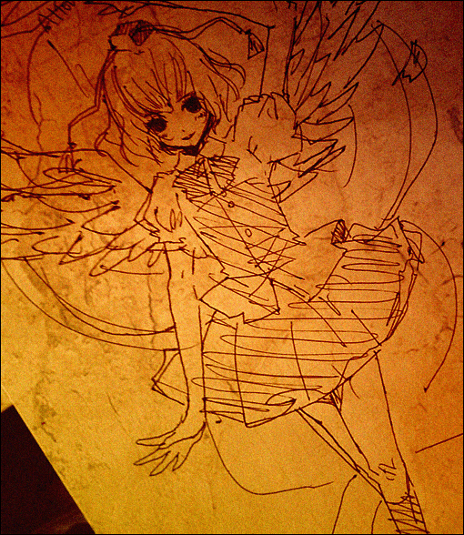 domotolain, shameimaru aya, touhou, traditional media, 1girl, arm up, female focus, hat, looking at viewer, monochrome, orange theme, short hair, sketch, smile, solo, standing, tokin hat, wings