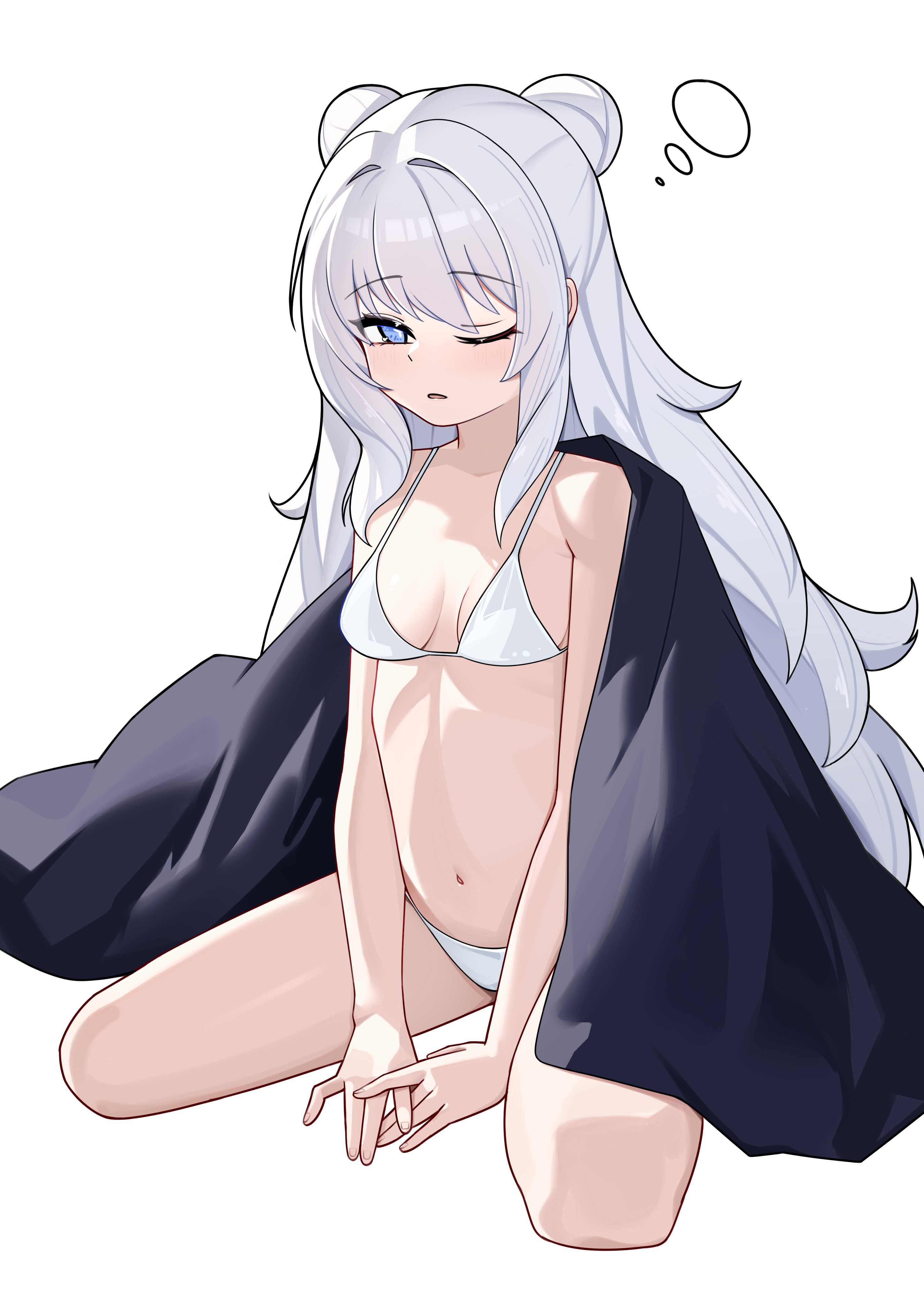 xin sanmu, le malin (azur lane), azur lane, absurdres, chinese commentary, commentary request, highres, + +, 1girl, alternate costume, bare arms, bare legs, bare shoulders, between legs, bikini, blanket, blonde hair, blush, bra, breasts, cleavage, collarbone, double bun, fingernails, full body, hair bun, hand between legs, long hair, looking at viewer, navel, one eye closed, open mouth, sidelocks, simple background, sitting, sleepy, small breasts, solo, speech bubble, squeans, stomach, swimsuit, thighs, thought bubble, underwear, wariza, white background, white bikini, white bra, white hair