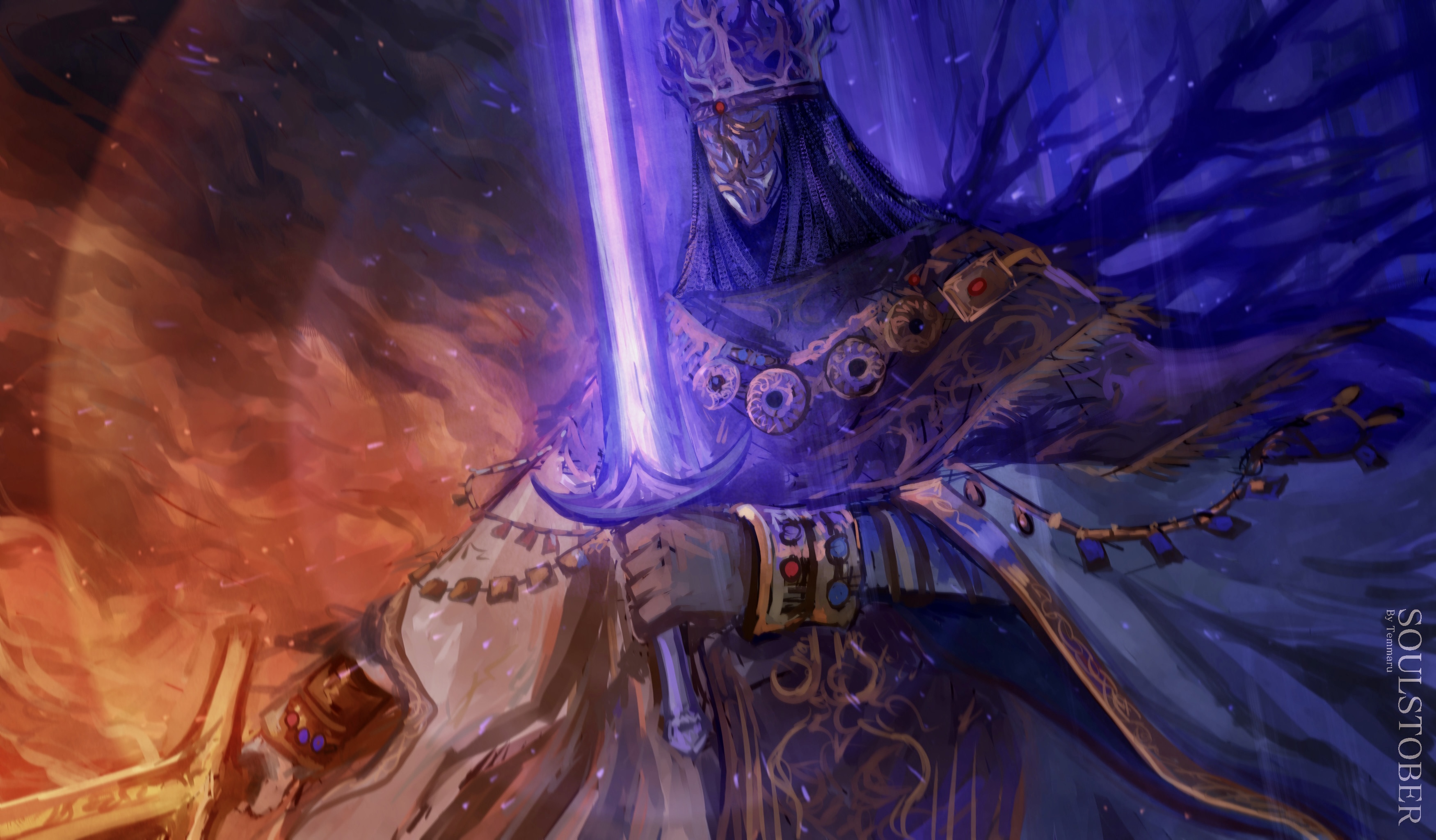 temmaru1, pontiff sulyvahn, dark souls (series), dark souls iii, absurdres, commentary, english commentary, highres, 1boy, armor, bangle, blue cloak, bracelet, brown gloves, chainmail, cloak, crown, dual wielding, fire, gloves, glowing, glowing sword, glowing weapon, holding, holding sword, holding weapon, jewelry, male focus, mask, masked, solo, sword, upper body, weapon