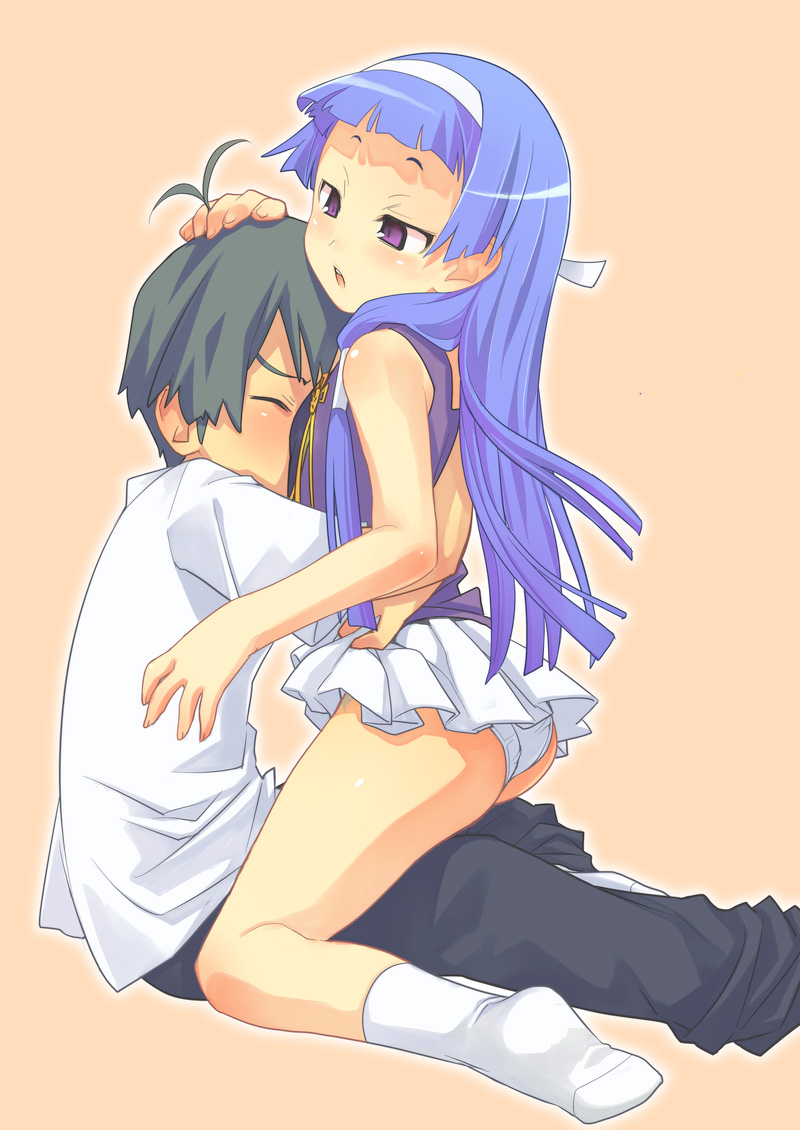 kiritomo koroha, mikuriya jin, nagi, kannagi, bad id, bad pixiv id, 00s, 1boy, 1girl, ass, blue hair, blunt bangs, blush, hair ribbon, headpat, hetero, hug, panties, pantyshot, pleated skirt, purple eyes, ribbon, skirt, socks, underwear, upskirt, white panties, white skirt