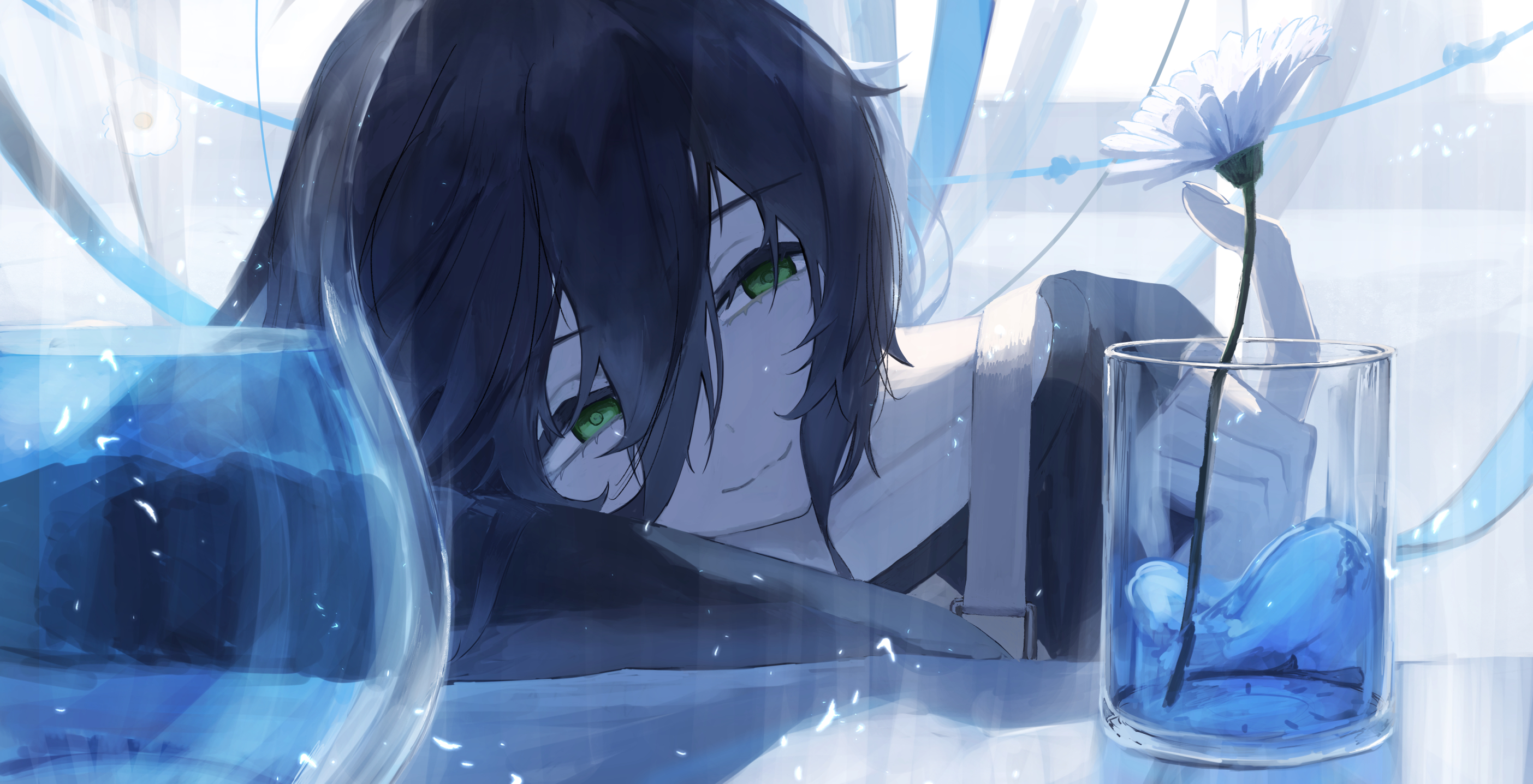 nnikigoma, reze (chainsaw man), chainsaw man, highres, 1girl, apron, black hair, black shirt, closed mouth, cup, flower, green eyes, grey apron, hair between eyes, head rest, shirt, smile, solo, water, white flower