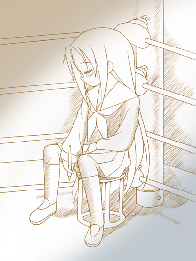 tamura hiyori, ashita no joe, lucky star, non-web source, 1girl, boxing ring, brown theme, female focus, glasses, long hair, meme, monochrome, parody, pen, school uniform, serafuku, solo, yabuki joe in a chair (meme)