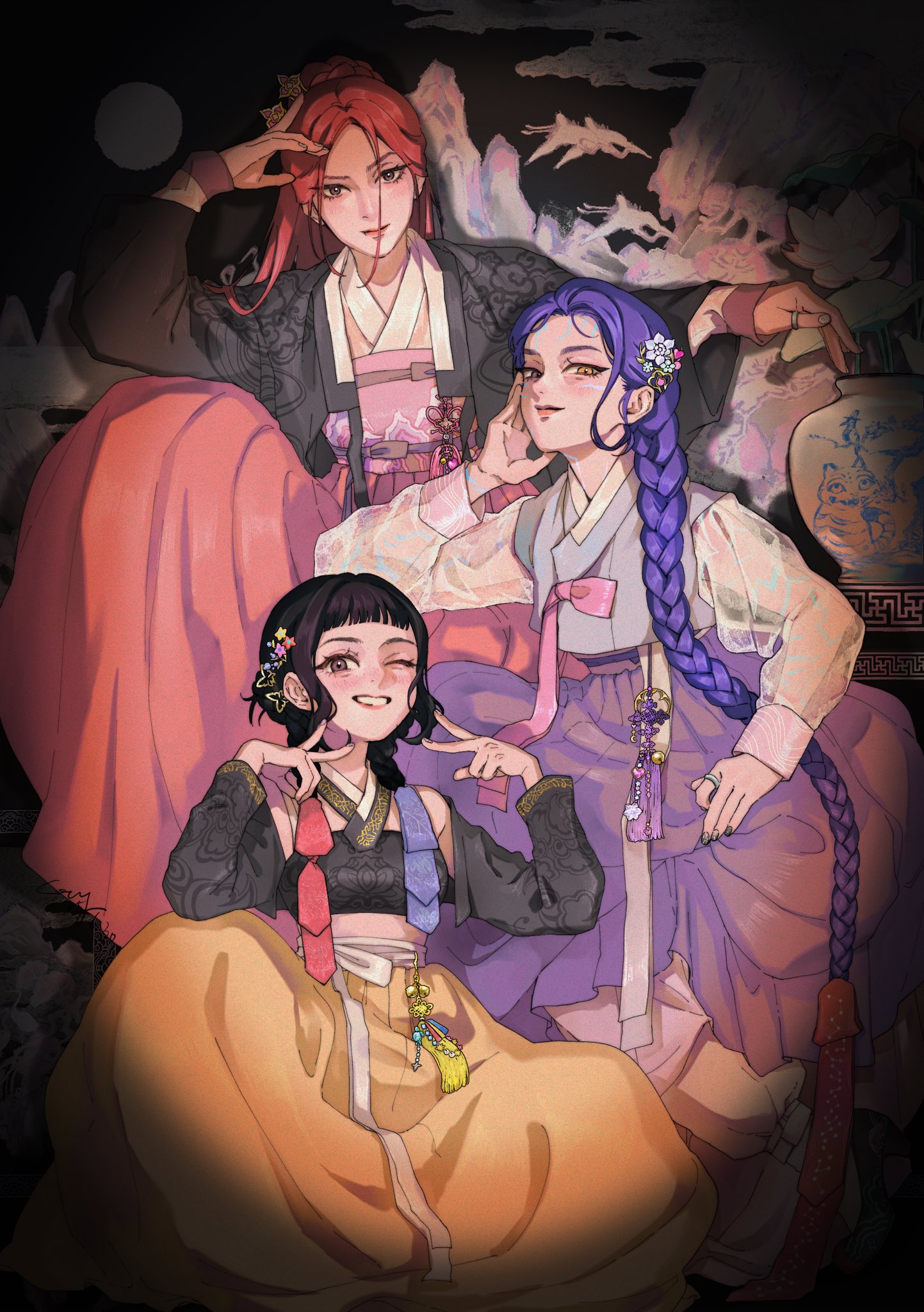 danapurple86, mira (kpop demon hunters), rumi (kpop demon hunters), zoey (kpop demon hunters), kpop demon hunters, highres, 3girls, ;), black hair, blunt bangs, blush, brown eyes, double v, grin, hanbok, hand on own face, hand on own head, huntrix, korean clothes, long braid, long hair, looking at viewer, multiple girls, nose blush, one eye closed, purple hair, red hair, see-through clothes, see-through sleeves, smile, thumb ring, v, vase, very long hair, yellow eyes