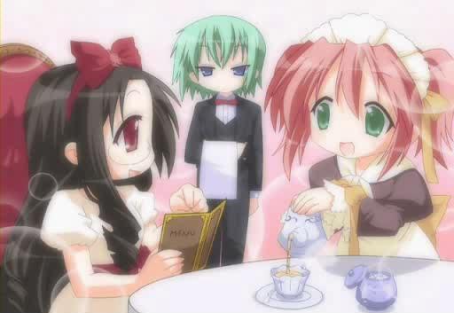 yoshimizu kagami, iwasaki minami, kobayakawa yutaka, tamura hiyori, lucky star, lucky star ~ryouou gakuen outousai~, ryouou gakuen outousai, game cg, jpeg artifacts, non-web source, official art, 00s, 3girls, androgynous, black hair, blue eyes, bow, chair, crossdressing, crossdressing (ftm), dress, formal clothes, glasses, green eyes, green hair, hair bow, hairband, long hair, maid headdress, menu, multiple girls, pink hair, pointing, red eyes, restaurant, reverse trap, short hair, short twintails, sitting, sparkle, steam, suit, table, tea, tea set, teapot, towel, twintails, very long hair, waiter, waitress