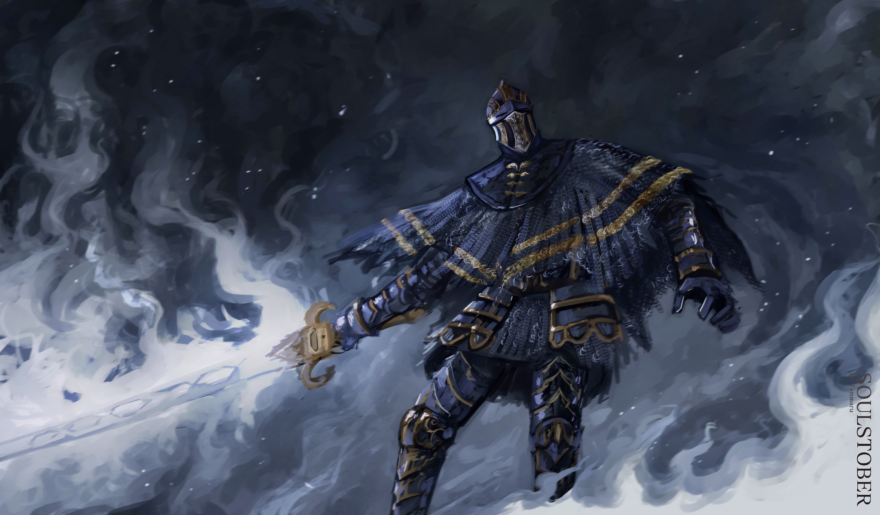 temmaru1, sir vilhelm, dark souls (series), dark souls iii, absurdres, commentary, english commentary, highres, 1boy, armor, armored boots, black armor, black capelet, boots, capelet, chainmail, feet out of frame, gauntlets, gold trim, grey background, helm, helmet, holding, holding sword, holding weapon, leg armor, male focus, solo, sword, weapon